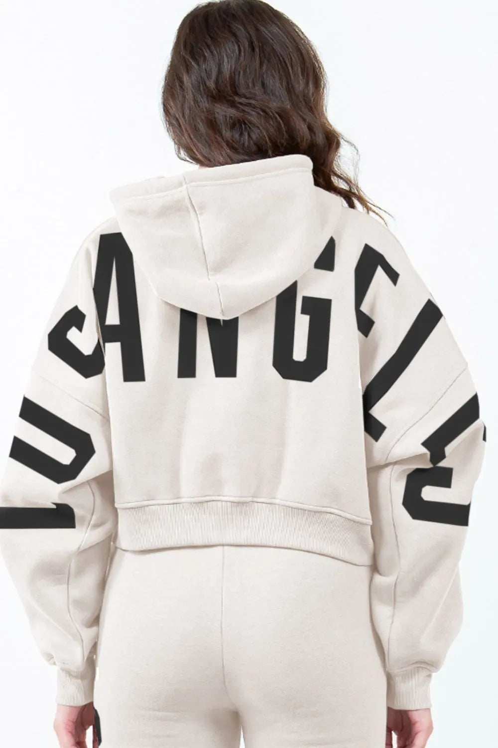 American Bazi Letter Graphic Long Sleeve Drawstring Cropped Hoodie Beige 6b509972-f89c-4d11-be11-7b9a212cb59e-Max