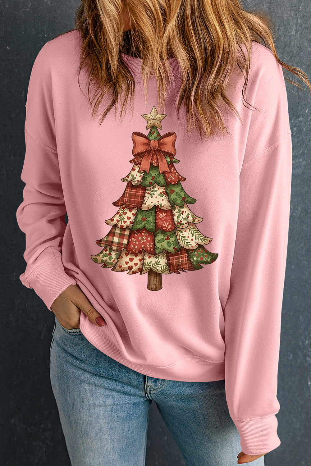 Pink Christmas Tree Graphic Heat Transfer Printing Baggy Sweatshirt