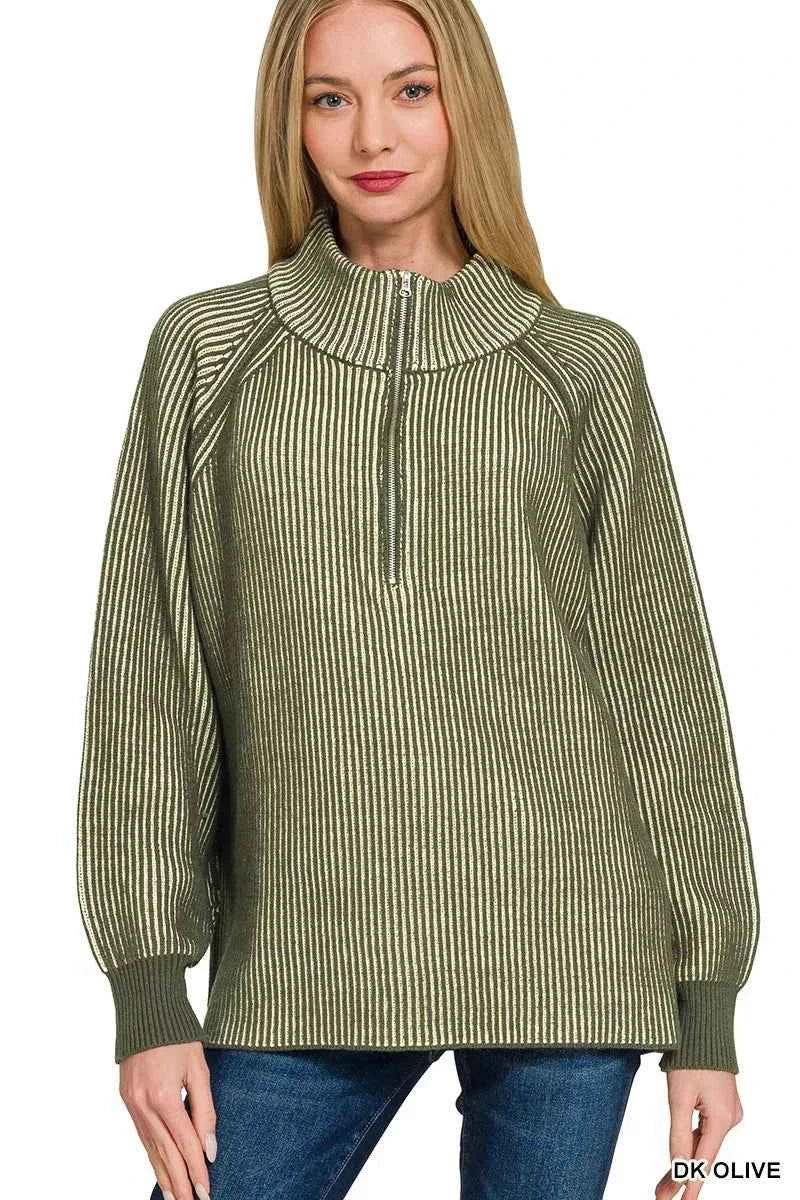 Zenana Ribbed Two Tone Half Zip Sweater DK OLIVE 6bb1b324edc24f83b82b19282a123b1f-Max-Origin