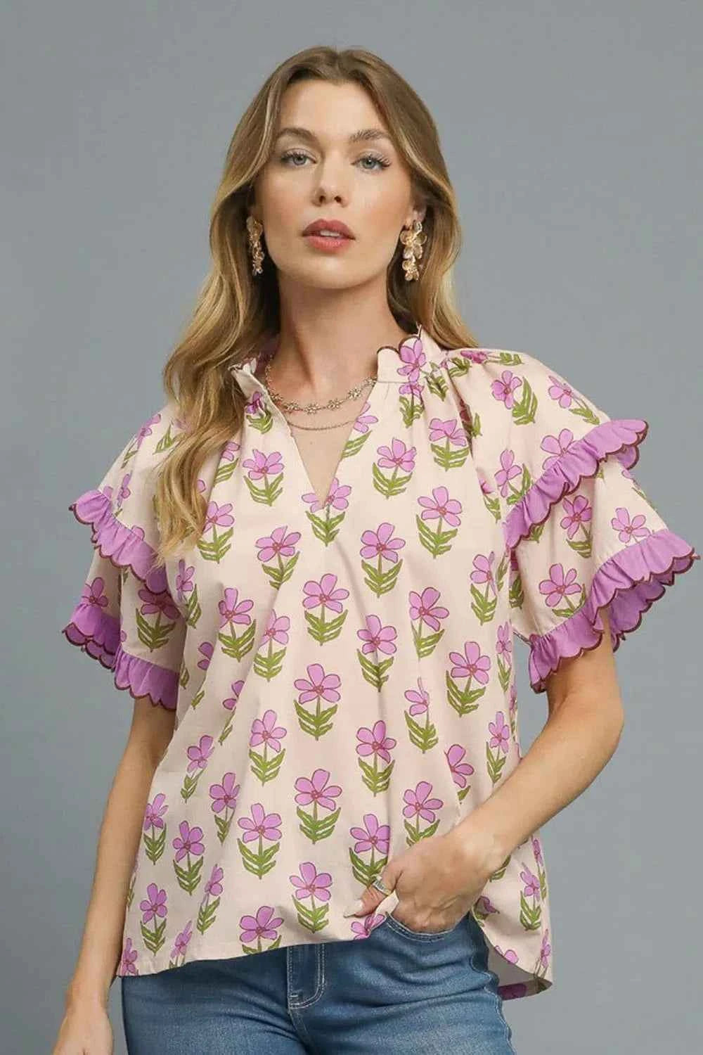 Umgee Floral Print Ruffle Short Sleeve Blouse Pink Purple 6c2c856a-9211-42e4-a72a-866ae5158fd5-Max-Origin