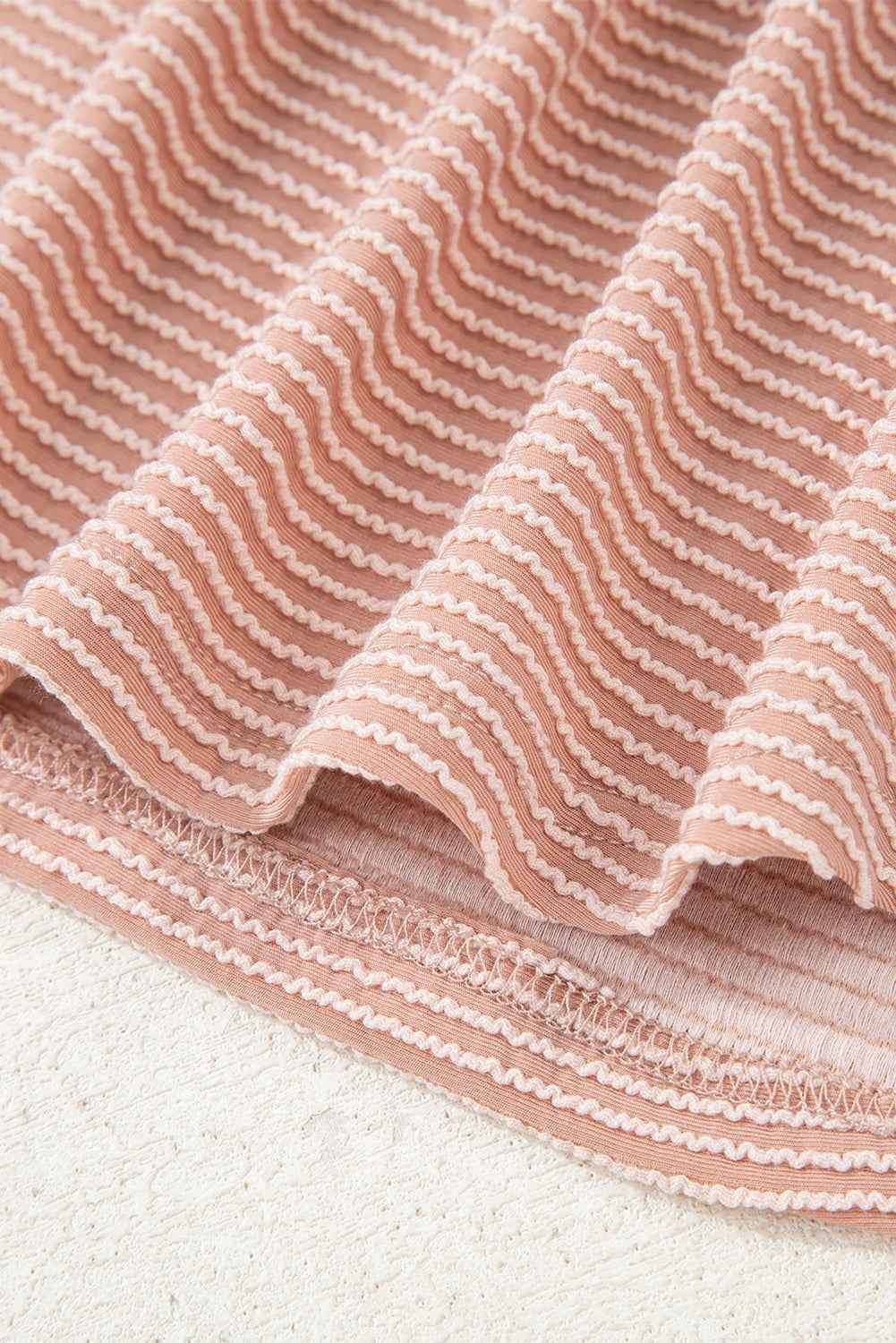 Apricot Pink Horizontal Twist Ribbed Drawstring Cowl Neck Knit Top