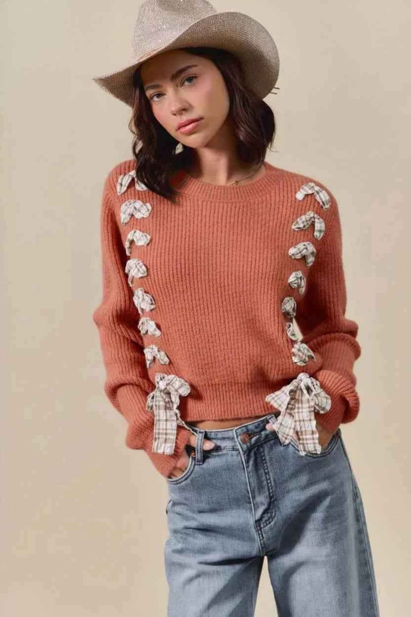 SO ME Checkered Plaid Tape Lace Up Ribbed Sweater RUST 6c61b941-f64c-4991-96c4-0865c498640f-Max-Origin