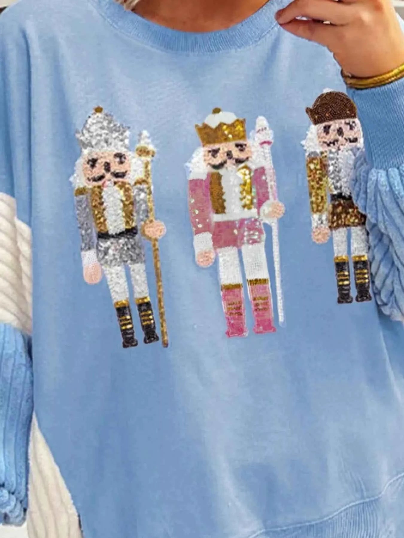 Christmas Sequin Nutcracker Textured Sleeve Patchwork Color Block Sweatshirt 6ca15e2c-54e6-4614-a128-1d2305ac2022-Max-Origin