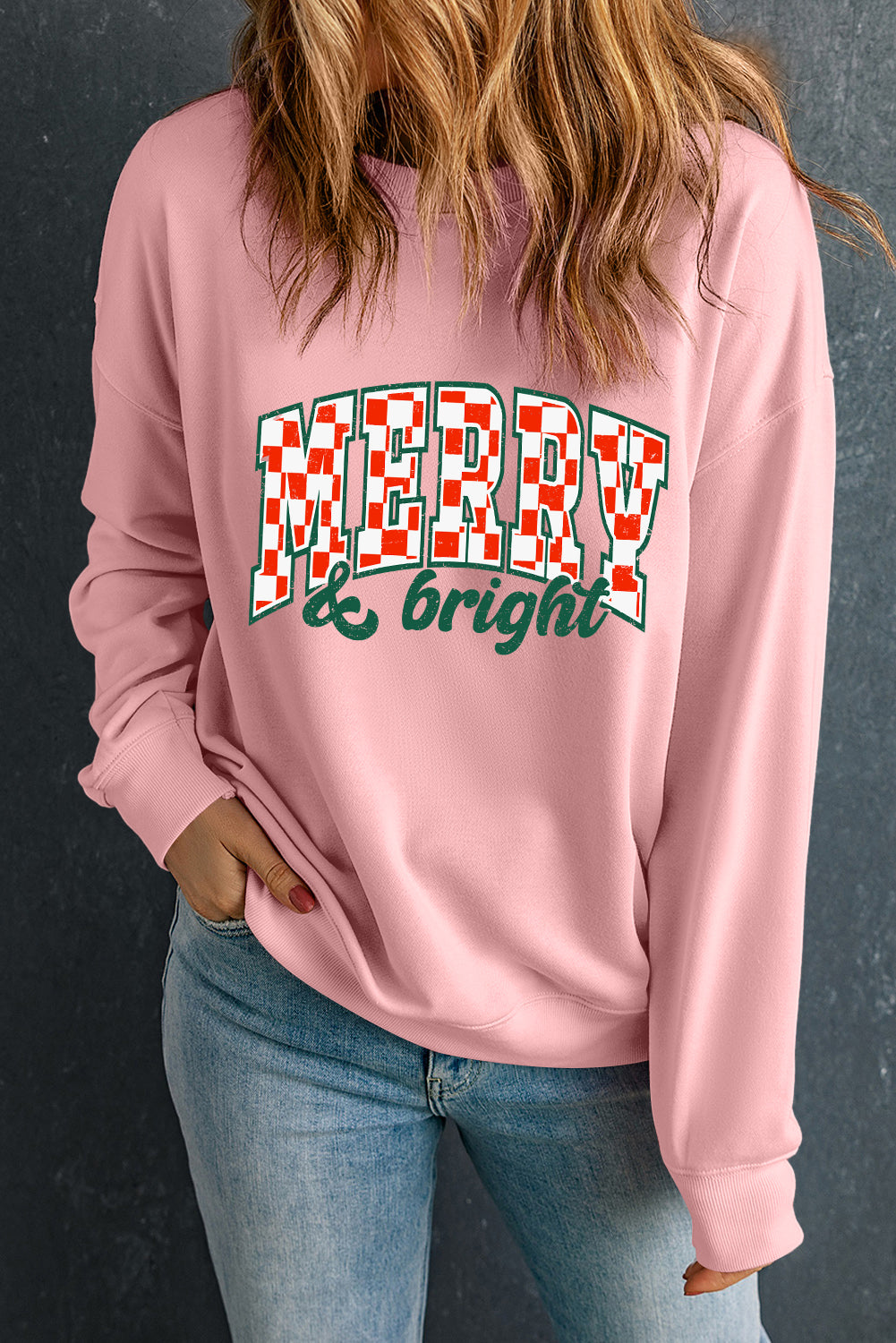 Pink MERRY & Bright Heat Transfer Printing Holiday Pullover Sweatshirt Pink 50%Polyester+50%Cotton 6d3b2d0727754d5c