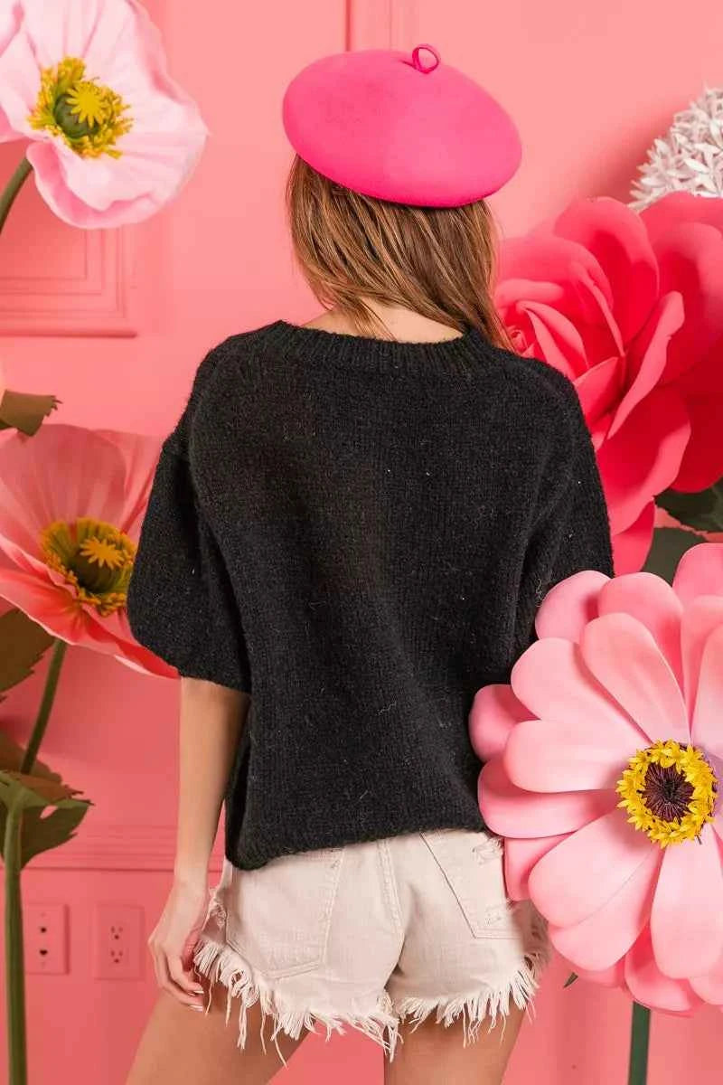 BiBi Metallic Letter Short Puff Sleeve Hairy Sweater