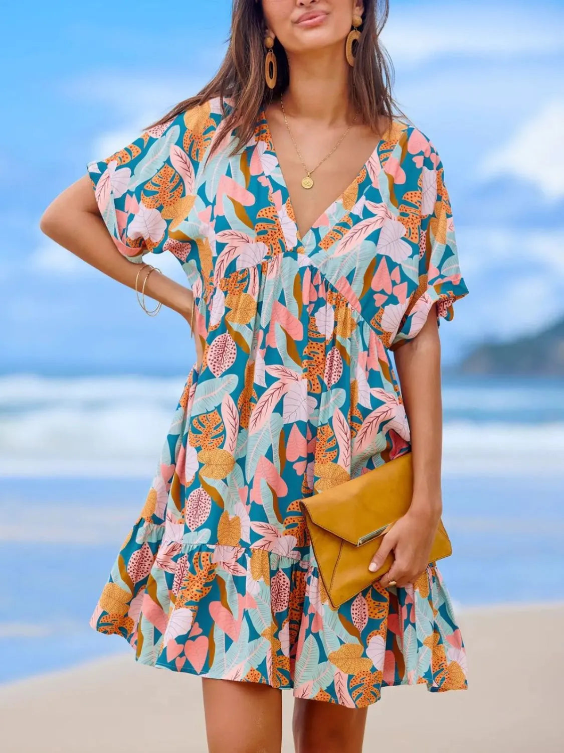 Printed V-Neck Short Sleeve Dress Sherbet 6d480dba-e571-4c66-b3cf-9dfe551be0c9-Max-Origin