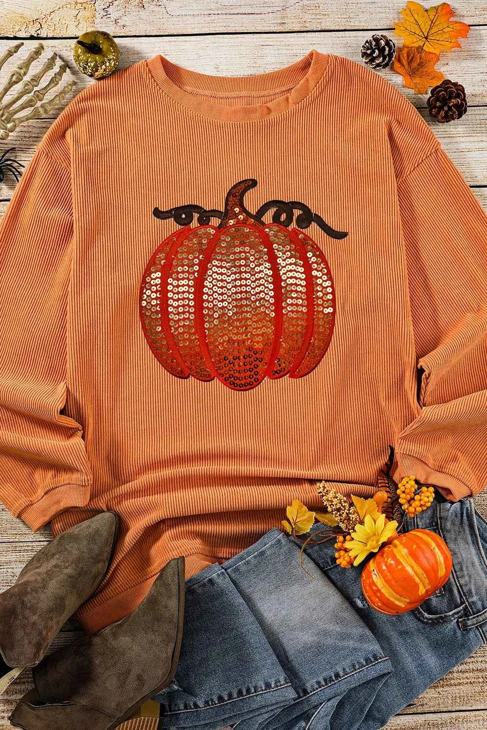 Sequin Pumpkin Round Neck Long Sleeve Sweatshirt 6d5e1f3c-ba70-493d-8527-55f98d08a337-Max