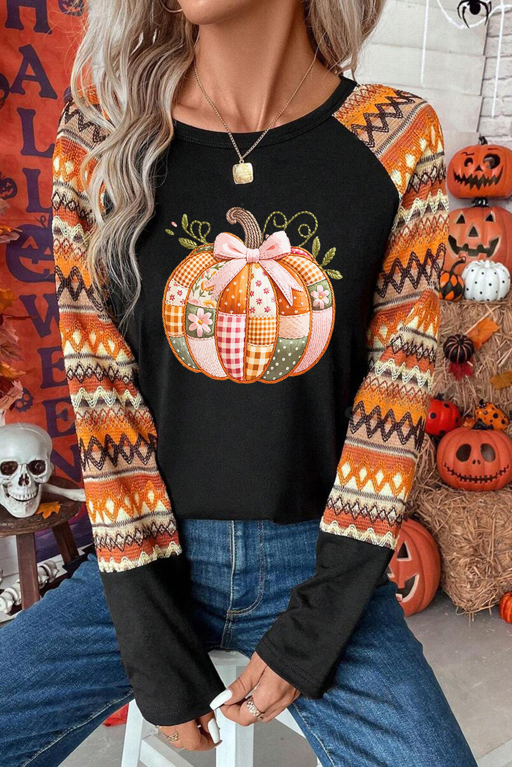 Orange Cute Pumpkin Graphic Geo Heat Transfer Printing Raglan Long Sleeve T Shirt 6d5ef4b742fea449