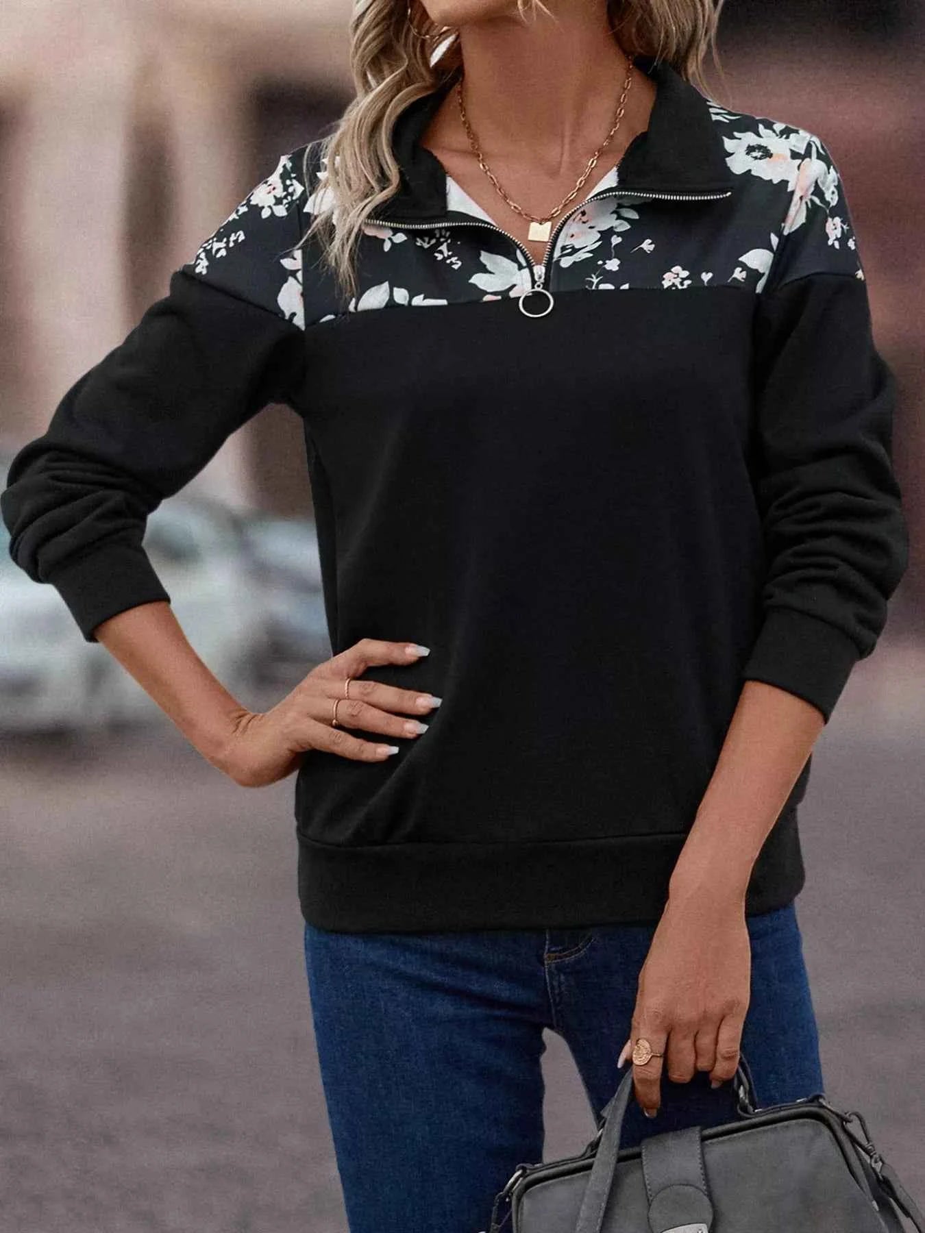 Floral Print Quarter Zip Sweatshirt 6dd7755b-b1ab-46bd-80bf-c602617fc319-Max-Origin