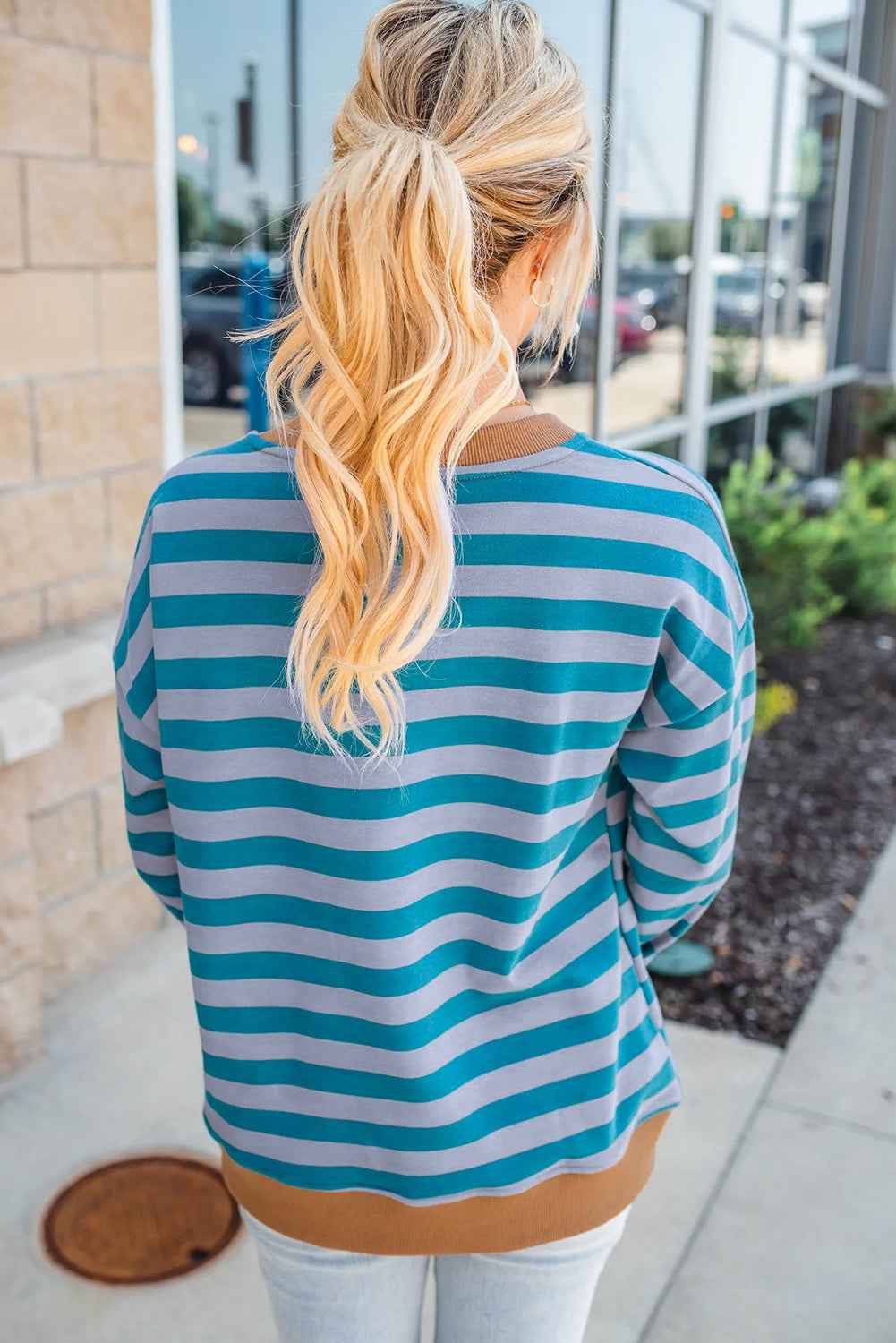 Sky Blue Stripe Contrast Color Ribbed Trim Round Neck Drop Shoulder Sweatshirt 6df7c93cc2e4c27d