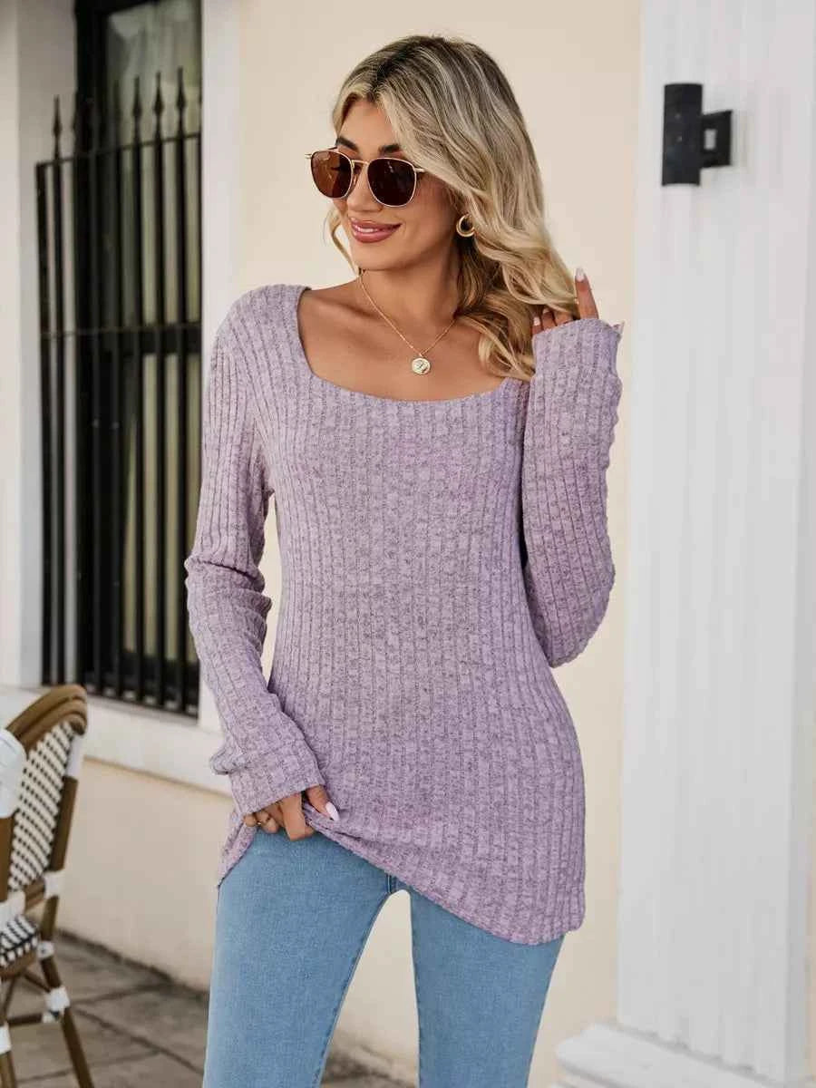Ribbed Square Neck Long Sleeve T-Shirt 6e2544ed-9745-4098-a30b-1b840a13e190-Max-Origin