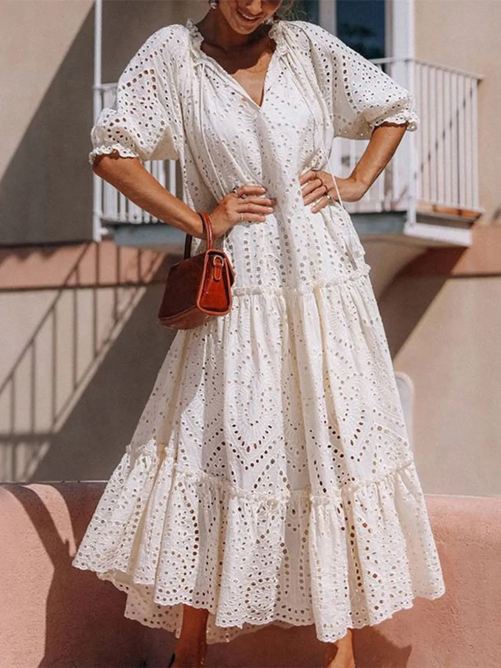 Tie Neck Half Sleeve Tiered Dress Ivory 6e553acb-bf5d-4617-9ace-d02ef801c118-Max