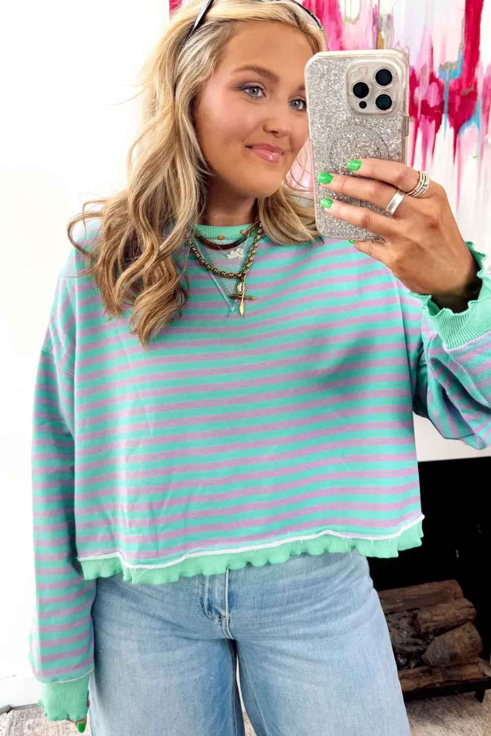 Red Stripe Exposed Seam Contrast Ribbed Trim Oversize Sweatshirt