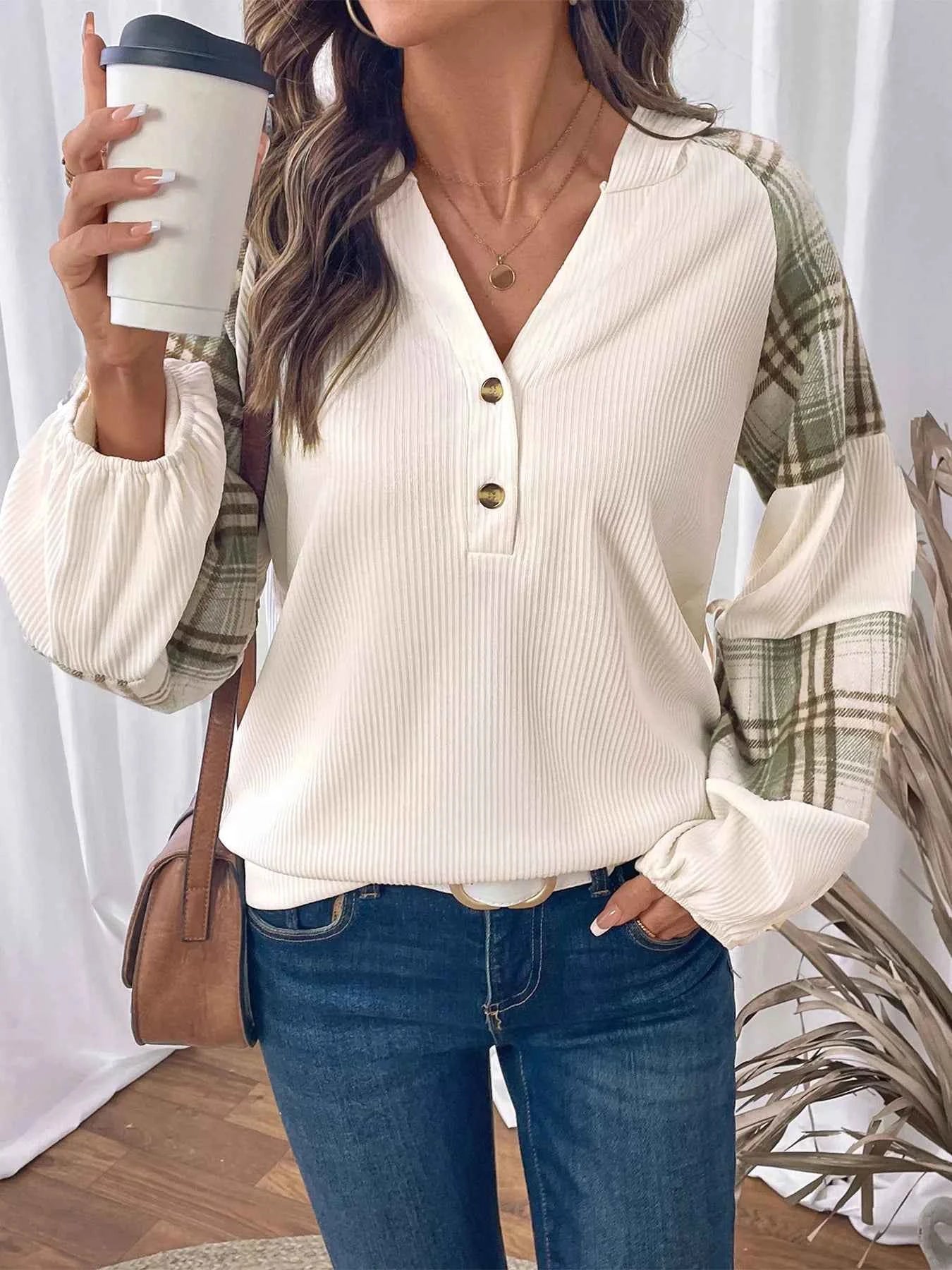 Plaid V-Neck Button Front Sweatshirt 6f0618790be14fc6be6dac688b4ed924-Max-Origin