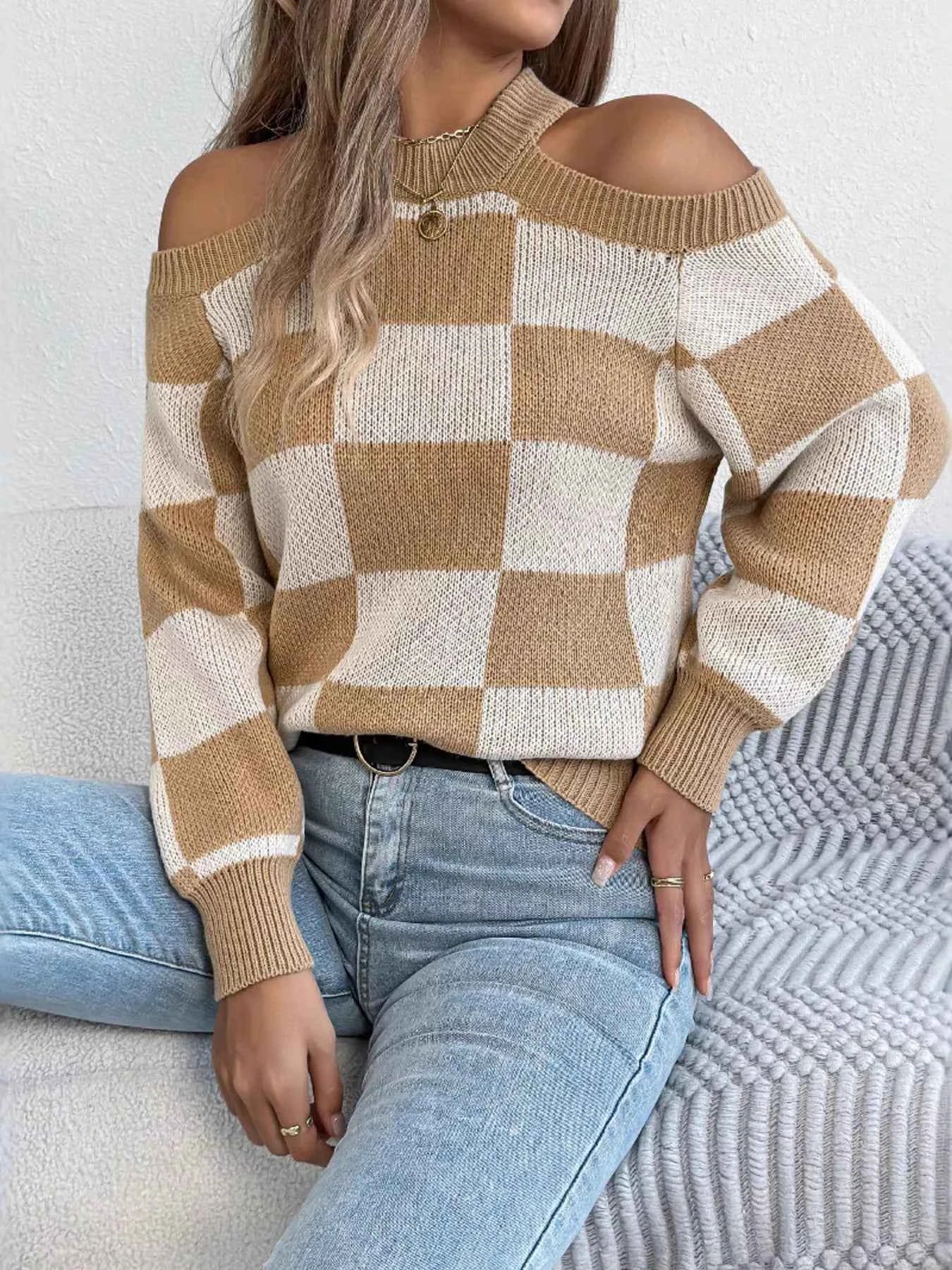 Cold Shoulder Checkered Long Sleeve Sweater Khaki 701c9ebbf5f84f94a9c273a782bcd9ef-Max-Origin