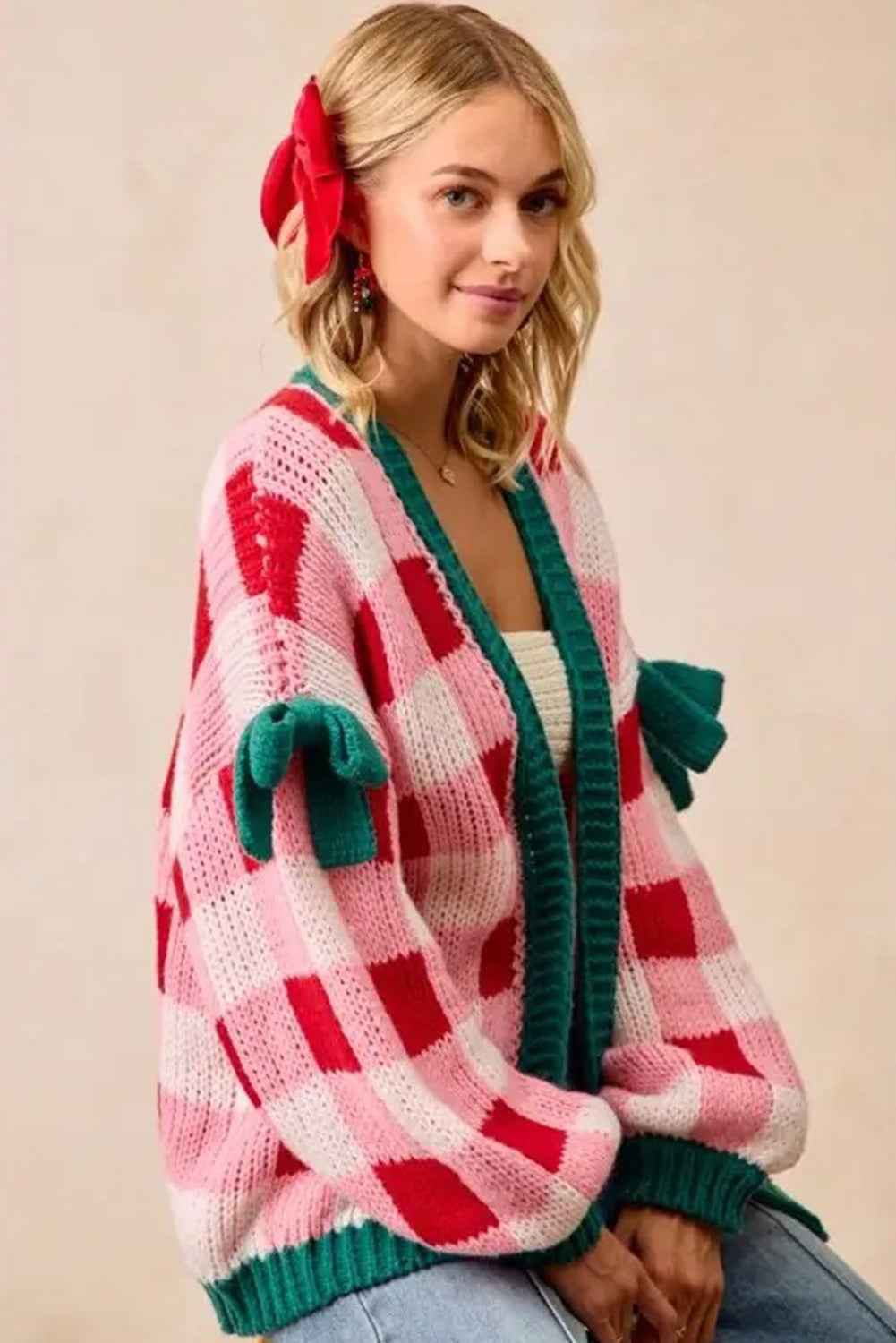Pink Colorblock Checkered Open Front Knit Cardigan 70432526b5bb849f