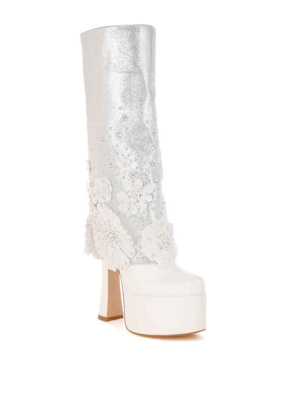 Sundra Floral Applique Platform Heeled Boots White 7088977a-1228-4d89-8d3c-12e01dc14042