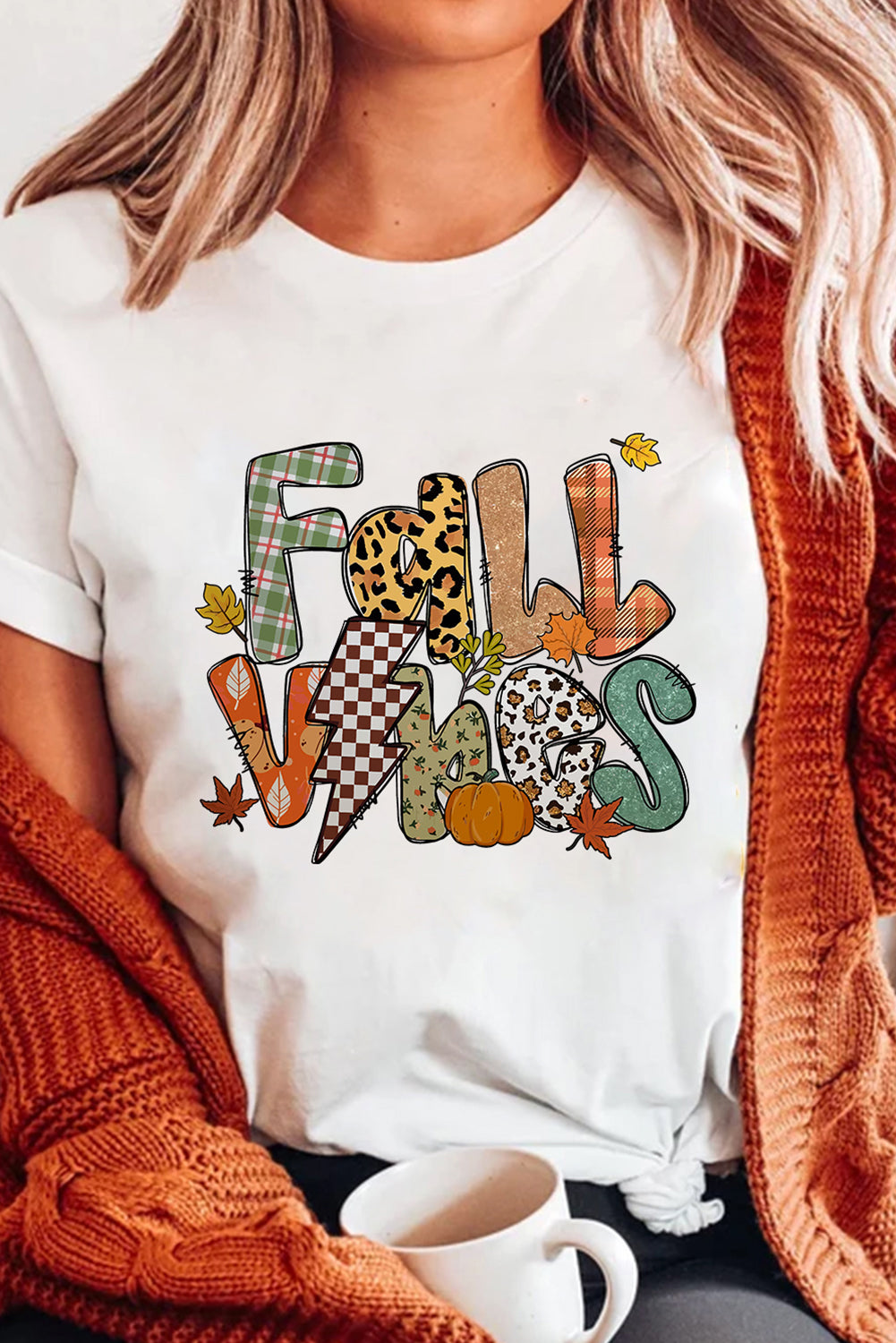 White FALL VIBES Cotton Blend Heat Transfer Printing Casual T Shirt 70c2884b3b0f3604