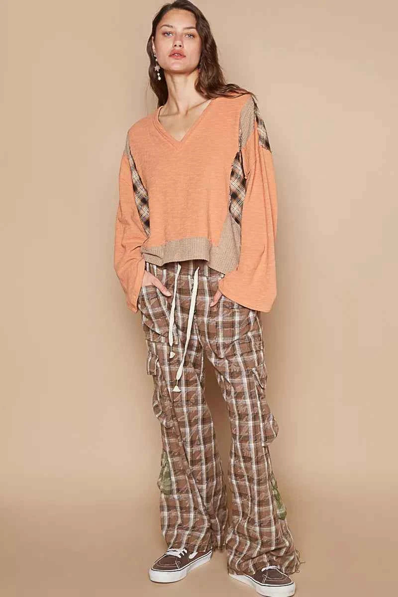 POL V-Neck Long Sleeve Plaid Contrast Top with Texture Knit Detail 70c7c173-9609-409f-99e9-d5f52e8615b1-Max-Origin
