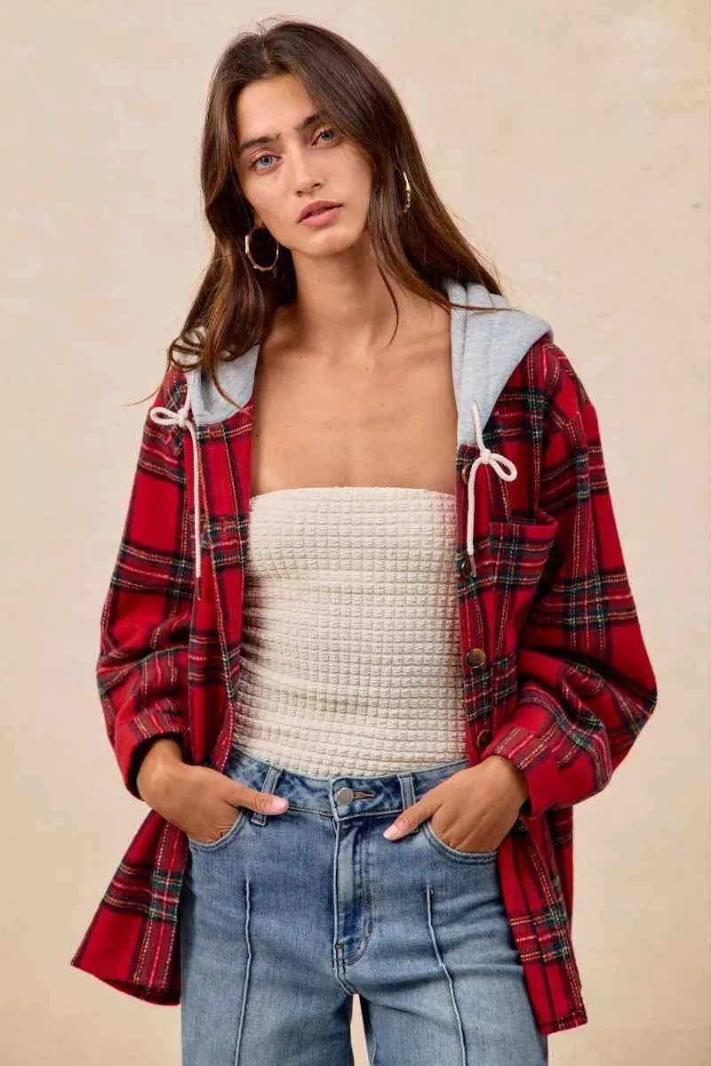 BiBi Brushed Plaid Hooded Jacket