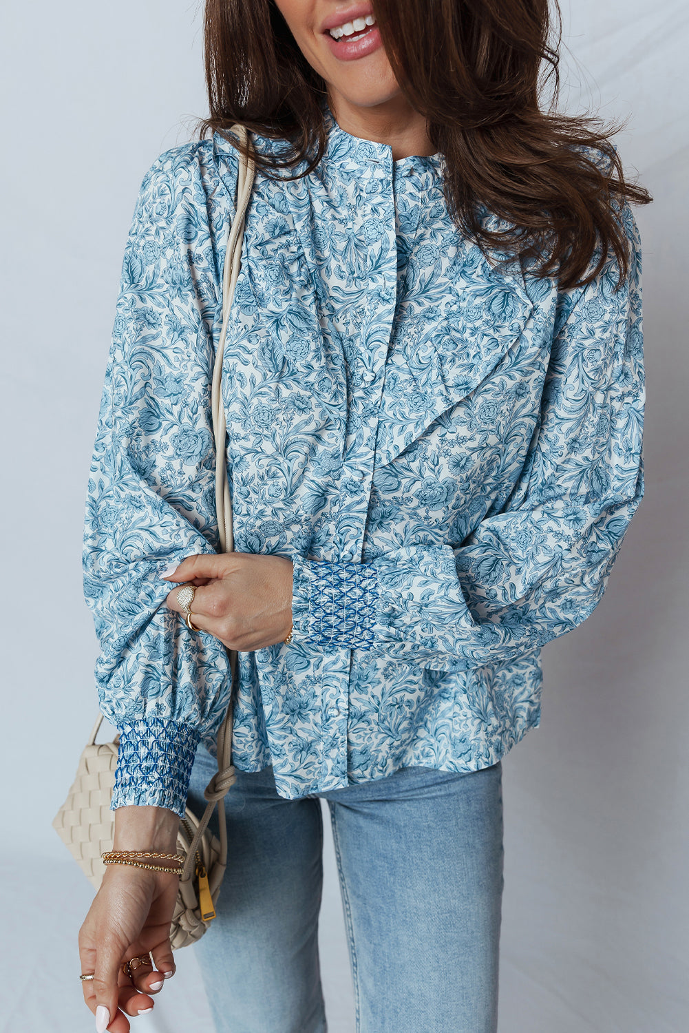 Sky Blue All Over Floral Puff Sleeve Shirt 7246112c4cda0a4e