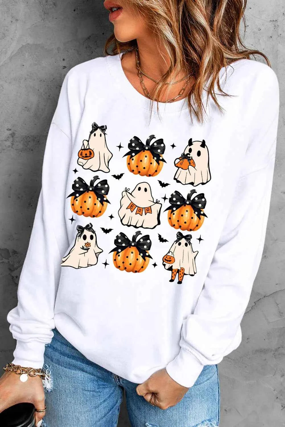 Pumpkin & Ghost Round Neck Long Sleeve Sweatshirt 724bd3d7-94fc-485b-8577-b932defd3ce5-Max