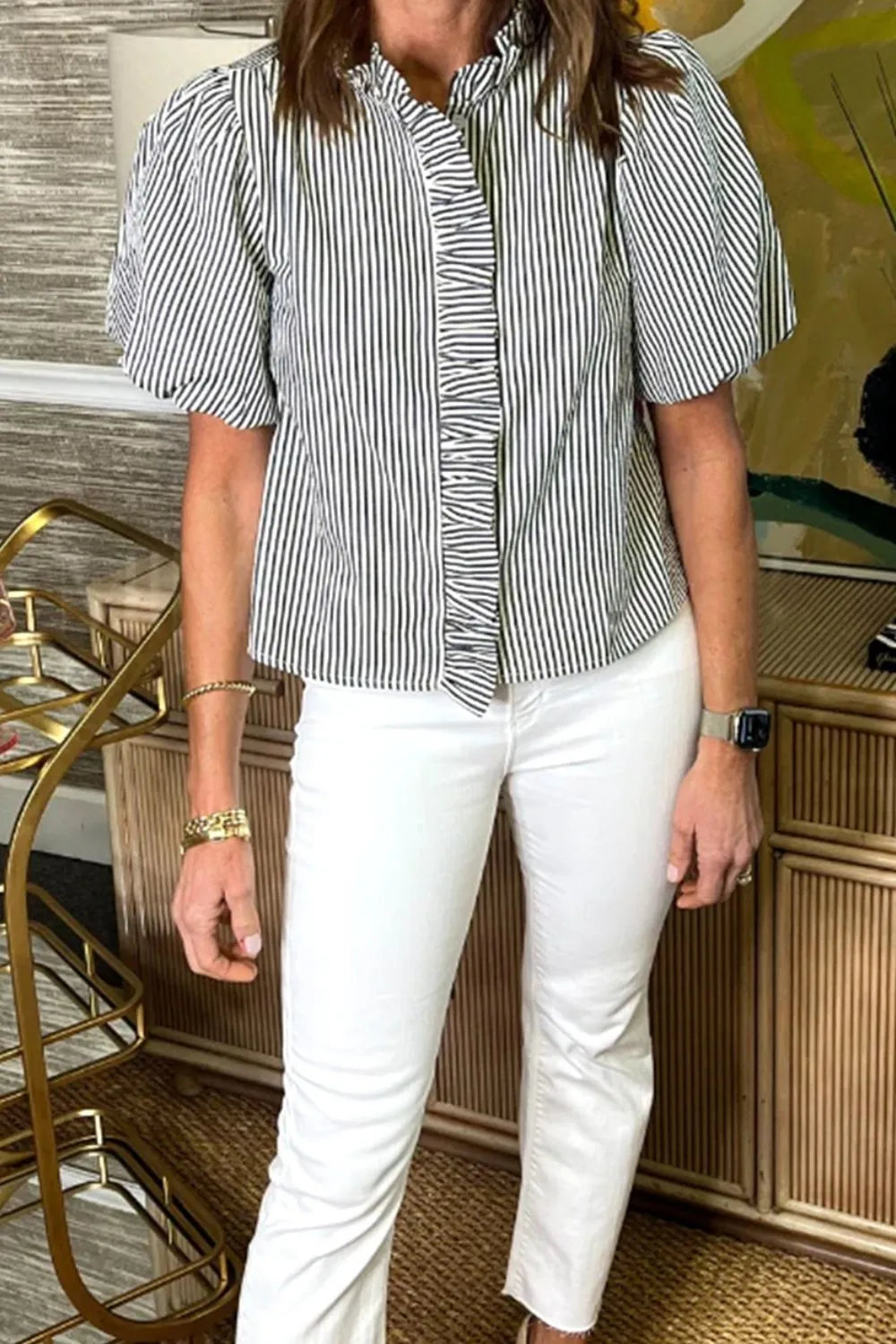 Striped Ruffle Short Bubble Sleeve Shirt