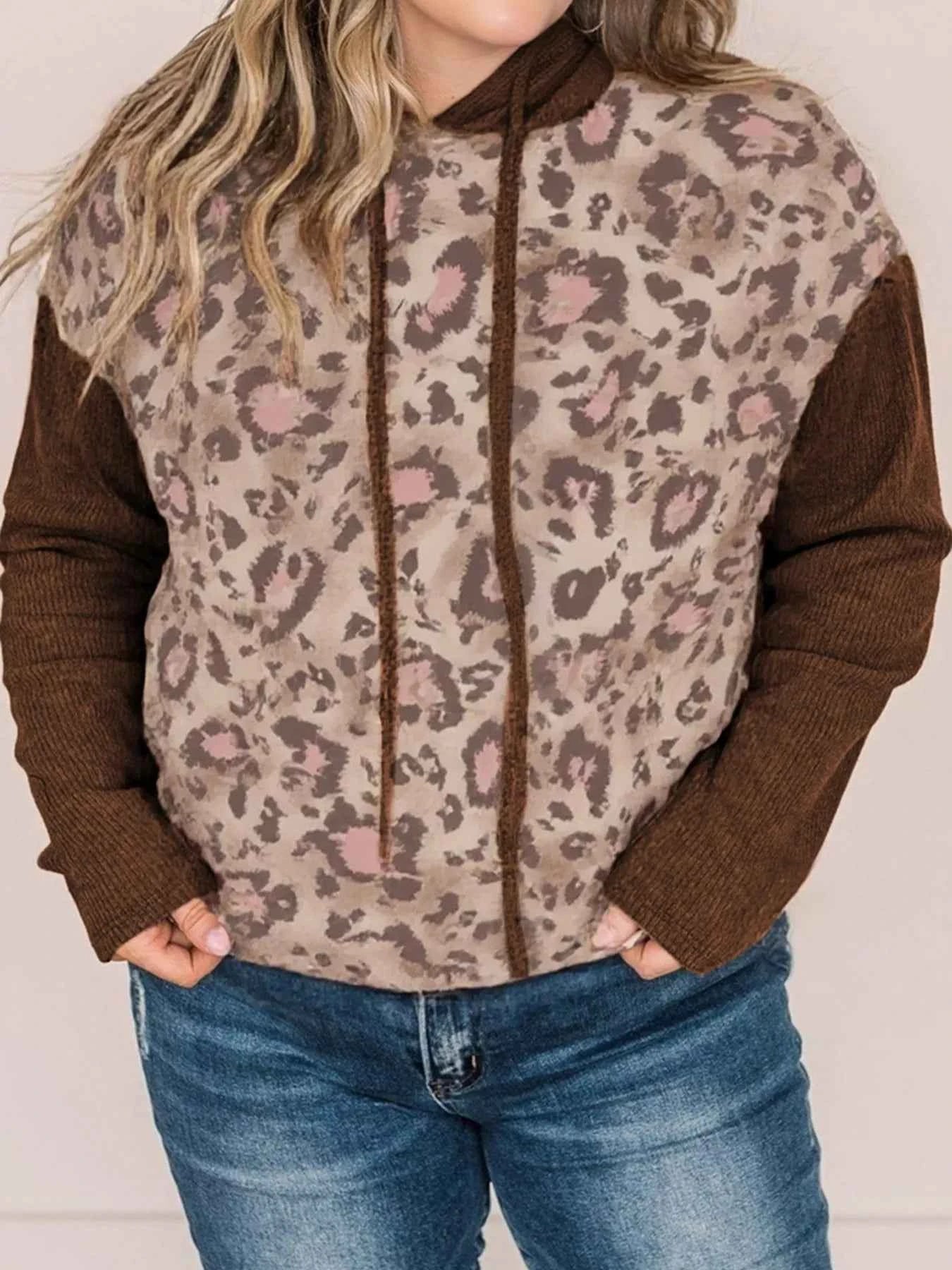 Plus Size Leopard Long Sleeve Drawstring Hoodie Leopard 729965e9379d49e397689a2c977c32b3-Max-Origin