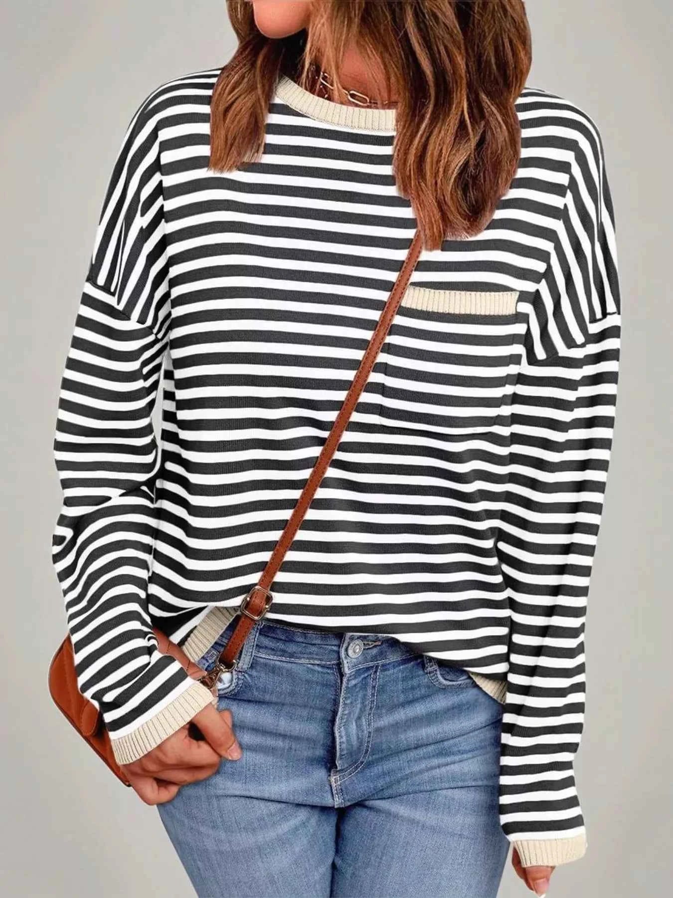 Striped Round Neck Long Sleeve Knit Top Tan 72cbc0a7-80a0-47ab-863e-0d44c9847cdf-Max-Origin