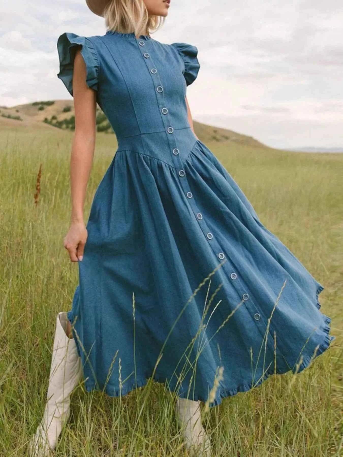 Ruffled Cap Sleeve Denim Dress Navy Blue 7362ee1e-f99e-40be-b50c-f4fa25ce1136-Max-Origin