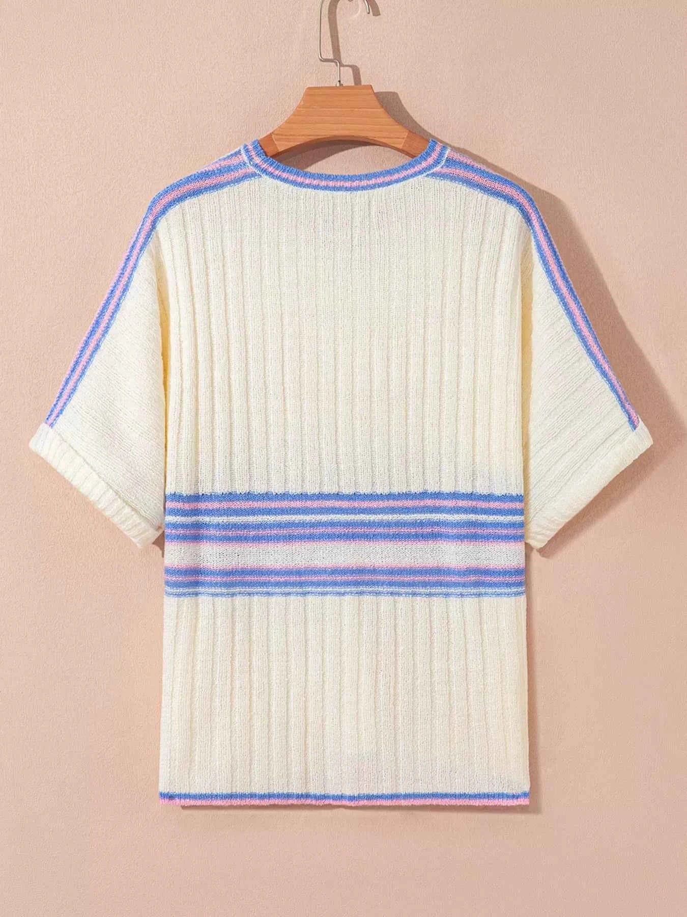 Striped V Neck Dolman Sleeve Rib Knit Oversized Sweater with Slits 737e6b605ecf4b2a997adc5331333035-Max-Origin