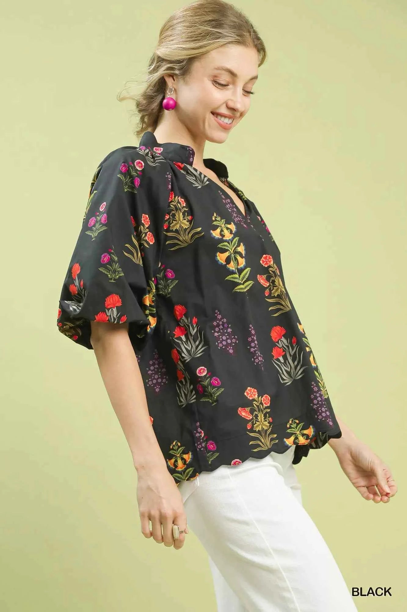 Umgee Floral Print Puff Sleeve Scallop Hem Blouse