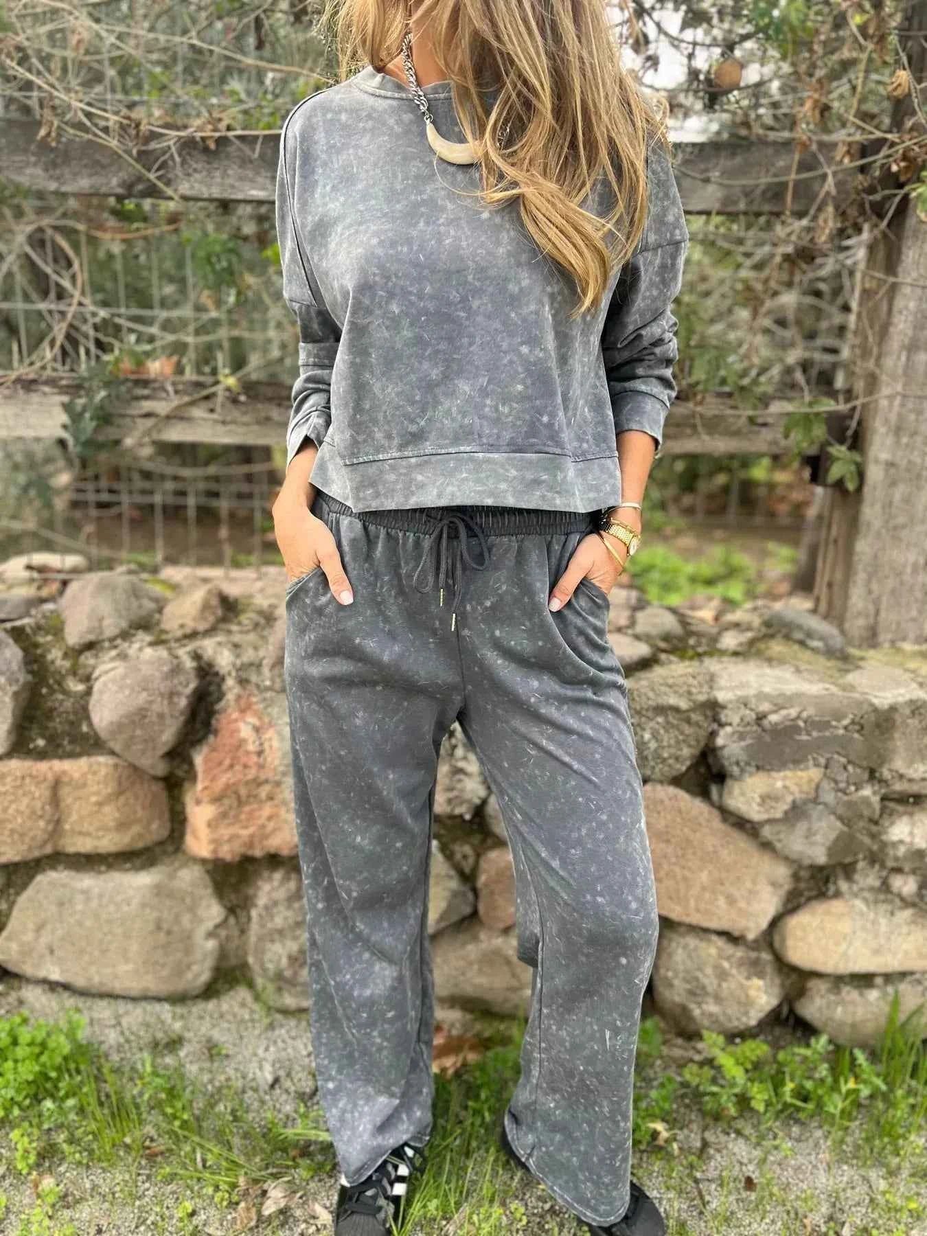Full Size Washed Round Neck Top and Drawstring Pants Set Plus Size Gray 73b119adec85447c9a8cd387e4d968ac-Max-Origin