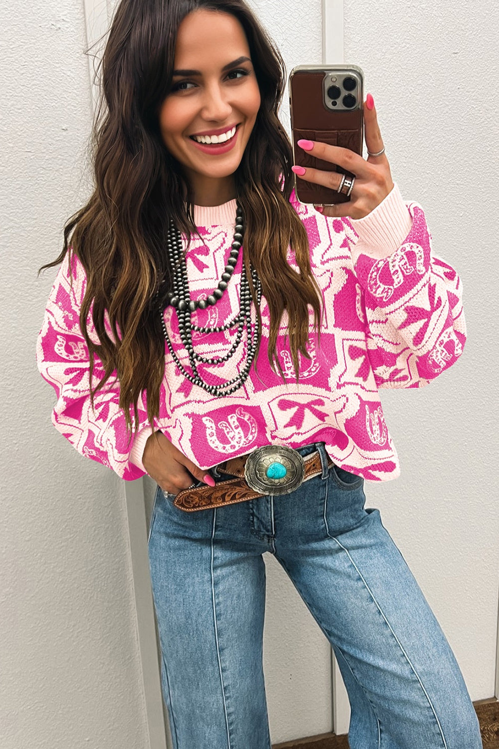 Pink Colorblock Bow Pattern Drop Sleeve Sweater 7402d92b19d14200