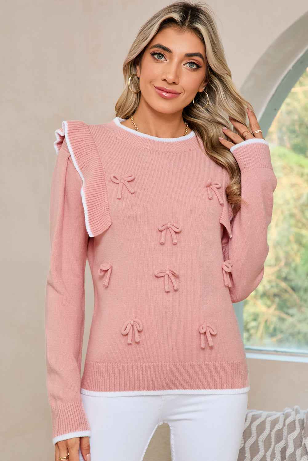 Light Pink Bow Detail Contrast Trim Ruffle Sweater 75a3d1dbbf624072
