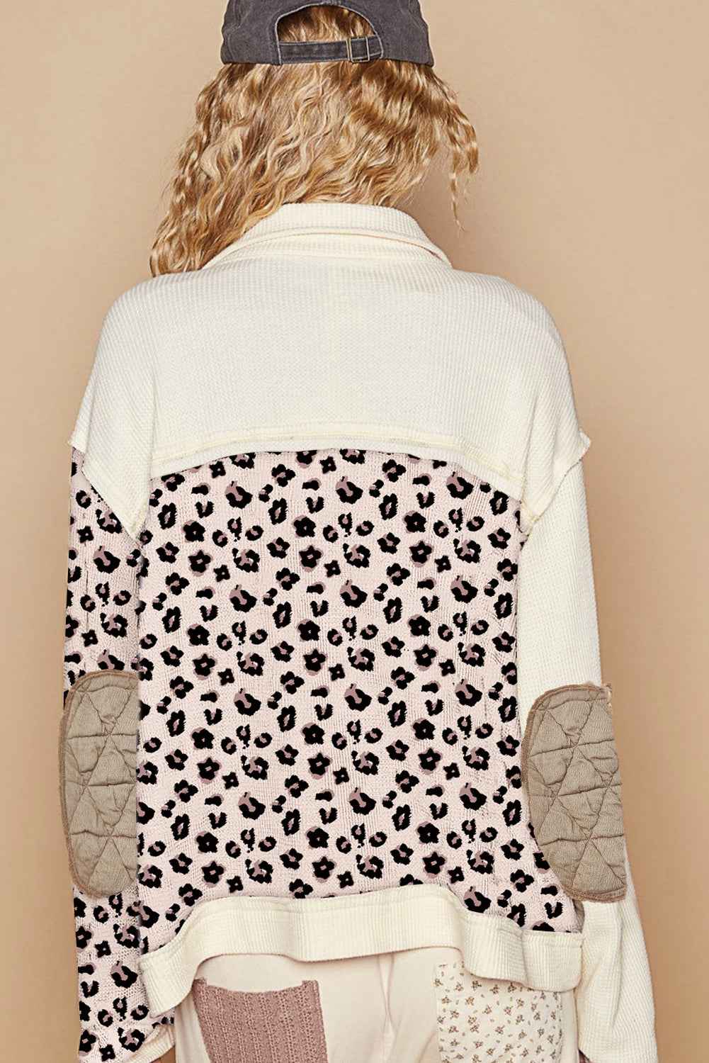 Khaki Leopard Waffle Quilted Patchwork Button Front Jacket 7638aee3d12b2f35