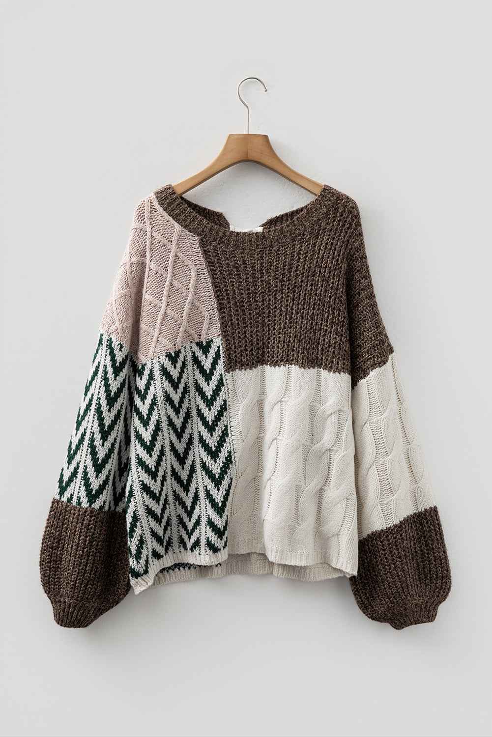 Brown Colorblock Patchwork Knotted Back Loose Fit Sweater 7701593bdc3da174