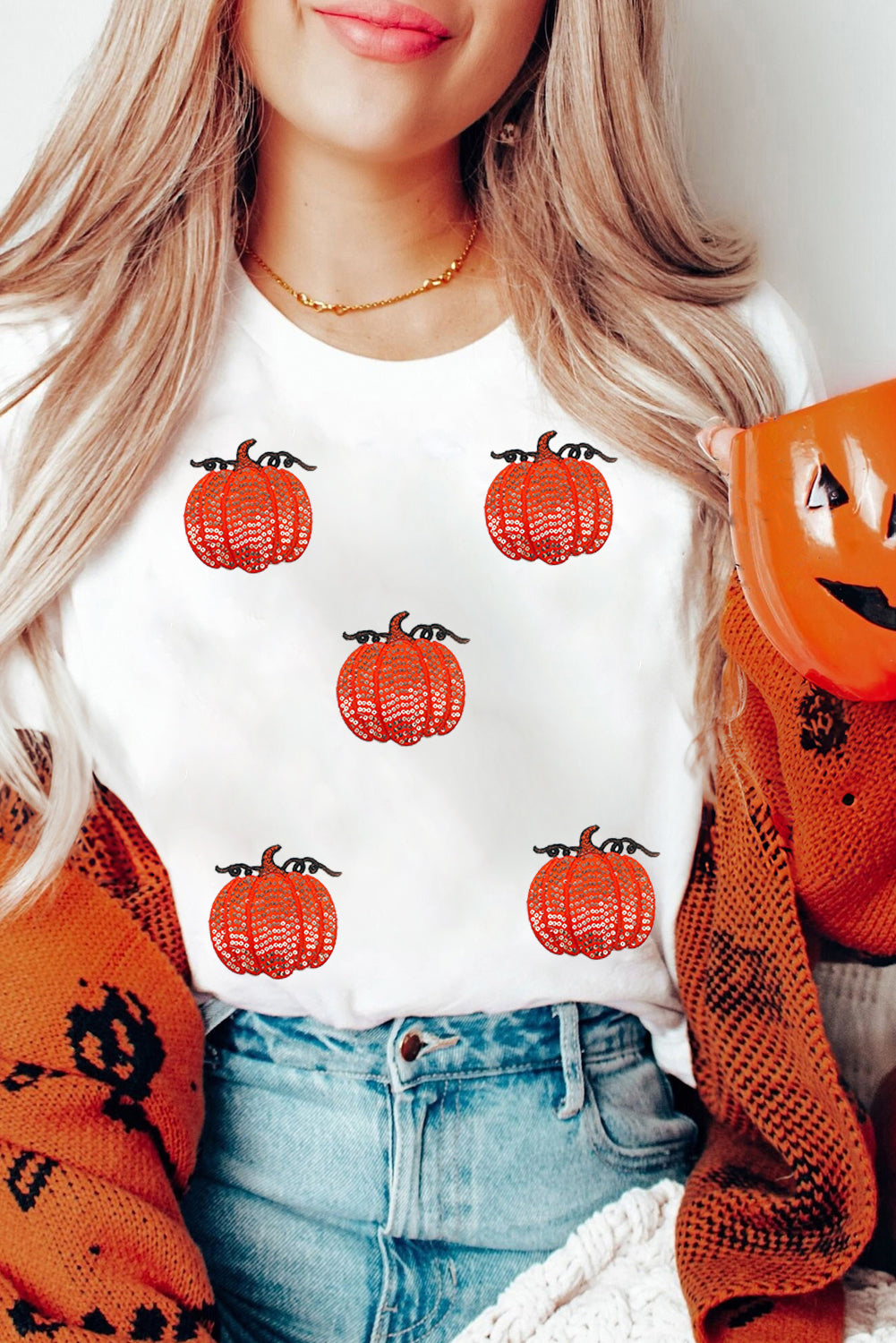 White Glitter Pumpkin Patched Cotton Blend T Shirt 7716aa47f81c9b41