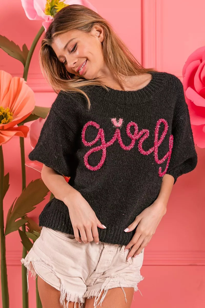 BiBi Metallic Letter Short Puff Sleeve Hairy Sweater 77767caa-4127-4c76-84df-04b61cdfb1a1-Max-Origin
