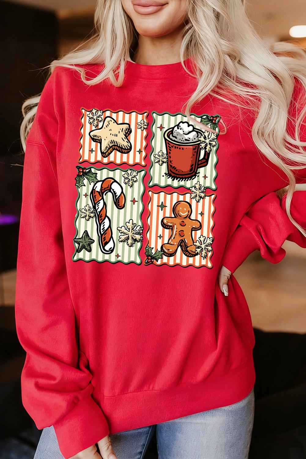Red Christmas Dessert Time Graphic Heat Transfer Printing Sweatshirt Red 50%Polyester+50%Cotton 779229c91e2ddb5e