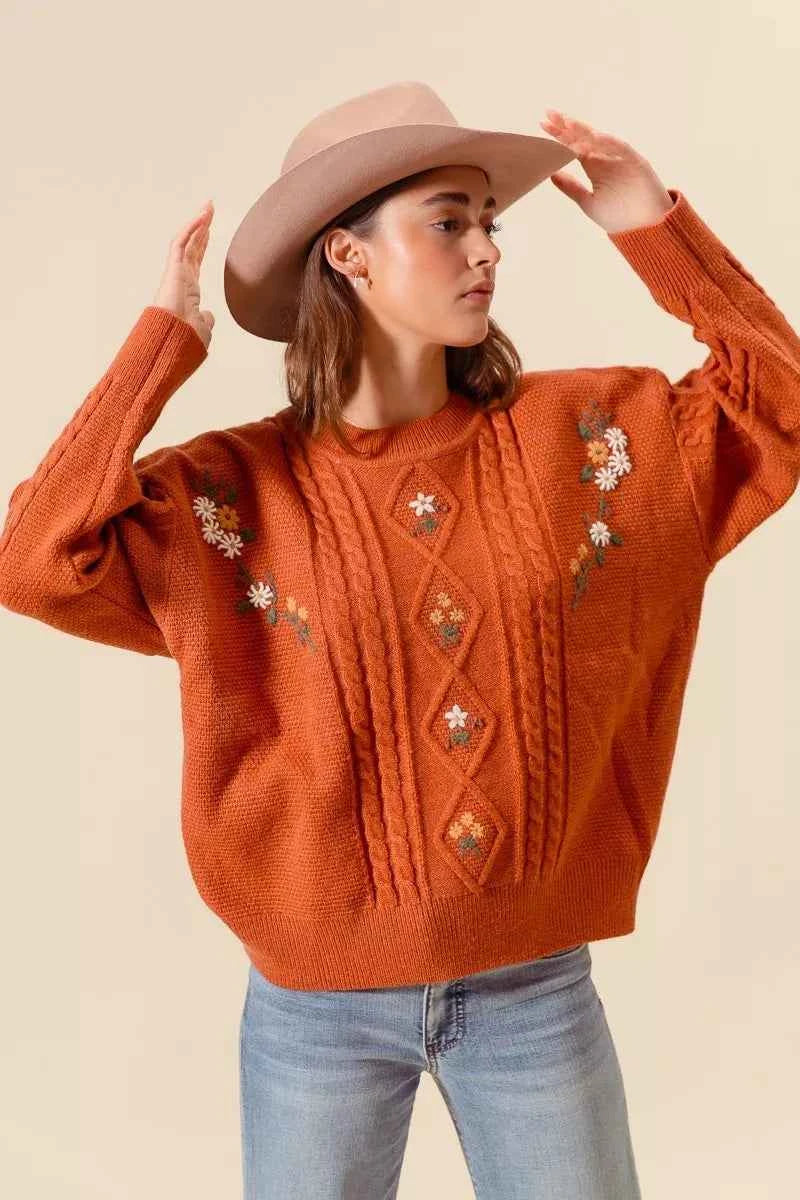 SO ME Embroidered Flower Cable Knitted Sweater BRICK 77e91a97e5e54edcafe9723a358f8208-Max-Origin