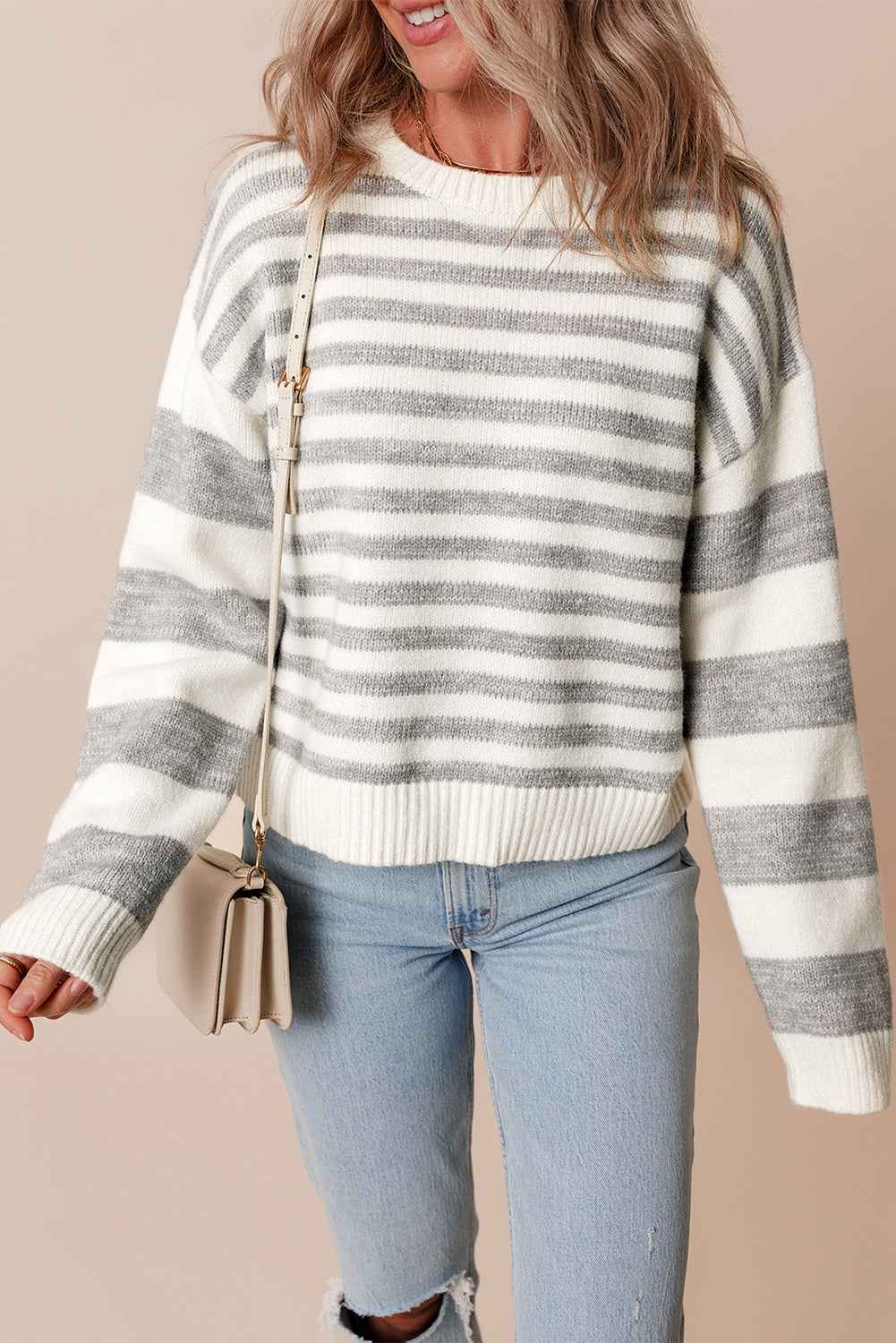 Gray Stripe Drop Shoulder Crew Neck Sweater 77fd415467e9cbb5