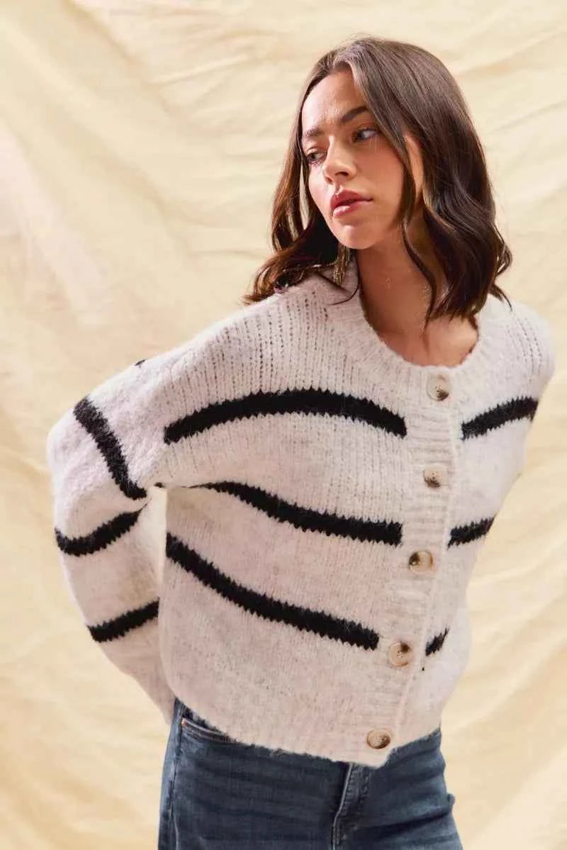 SO ME Stripe Soft Touch Button Cozy Sweater Cardigan