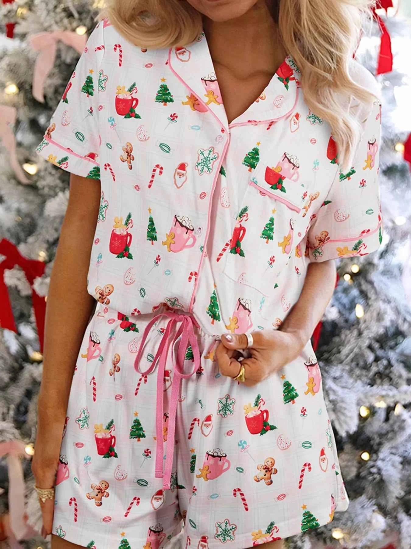 Christmas Print Button Up Top and Shorts Lounge Set 7818a5b4721b4f2989d3570d37b0b111-Max-Origin