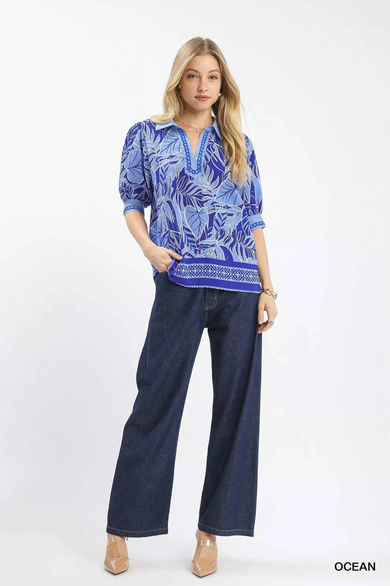 Umgee Tropical Print Puff Sleeve Blouse