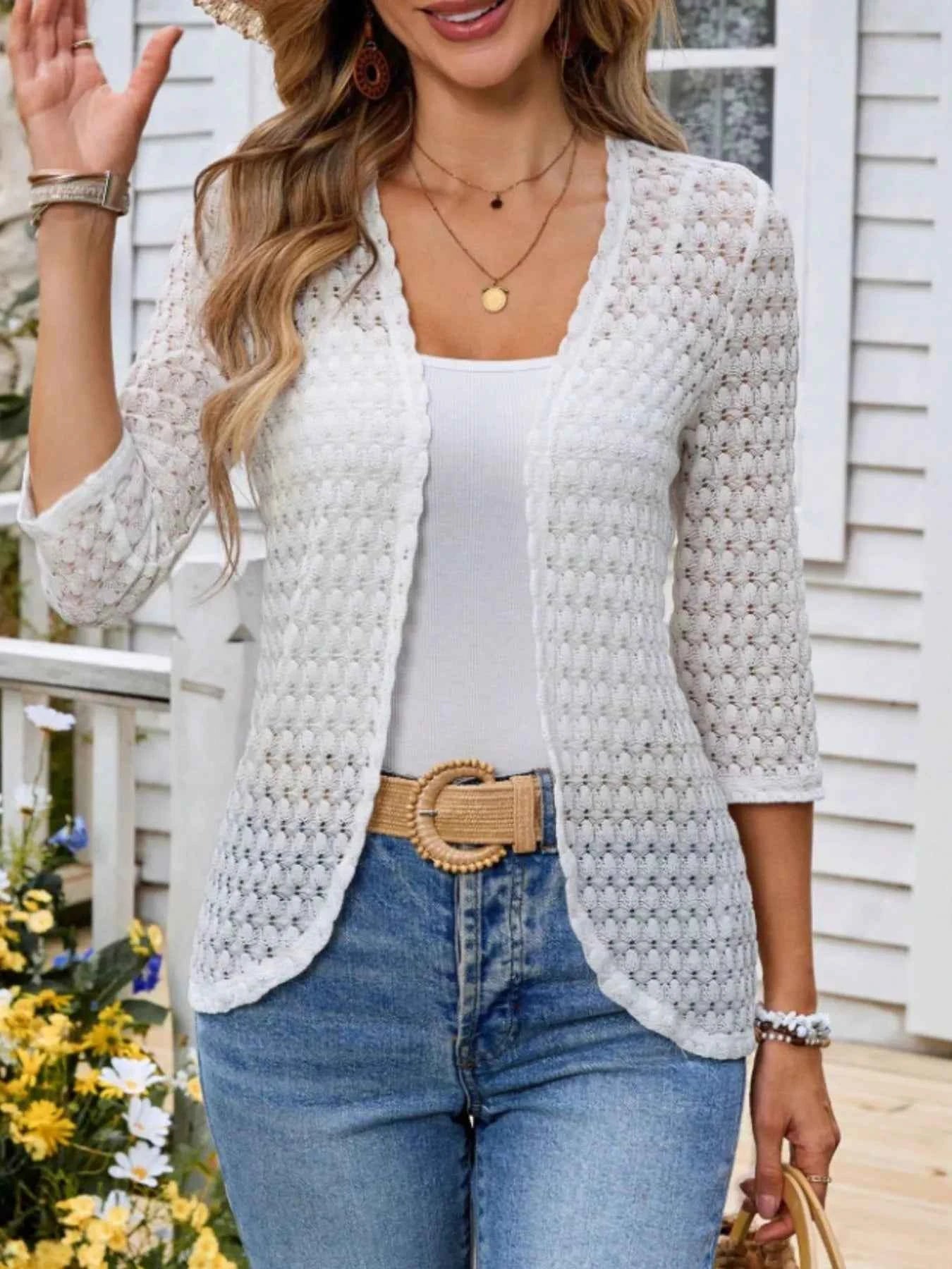 Open Front 3/4 Sleeve Cardigan White 796cde42-eda3-408c-8752-a79b6d2a57a2-Max-Origin