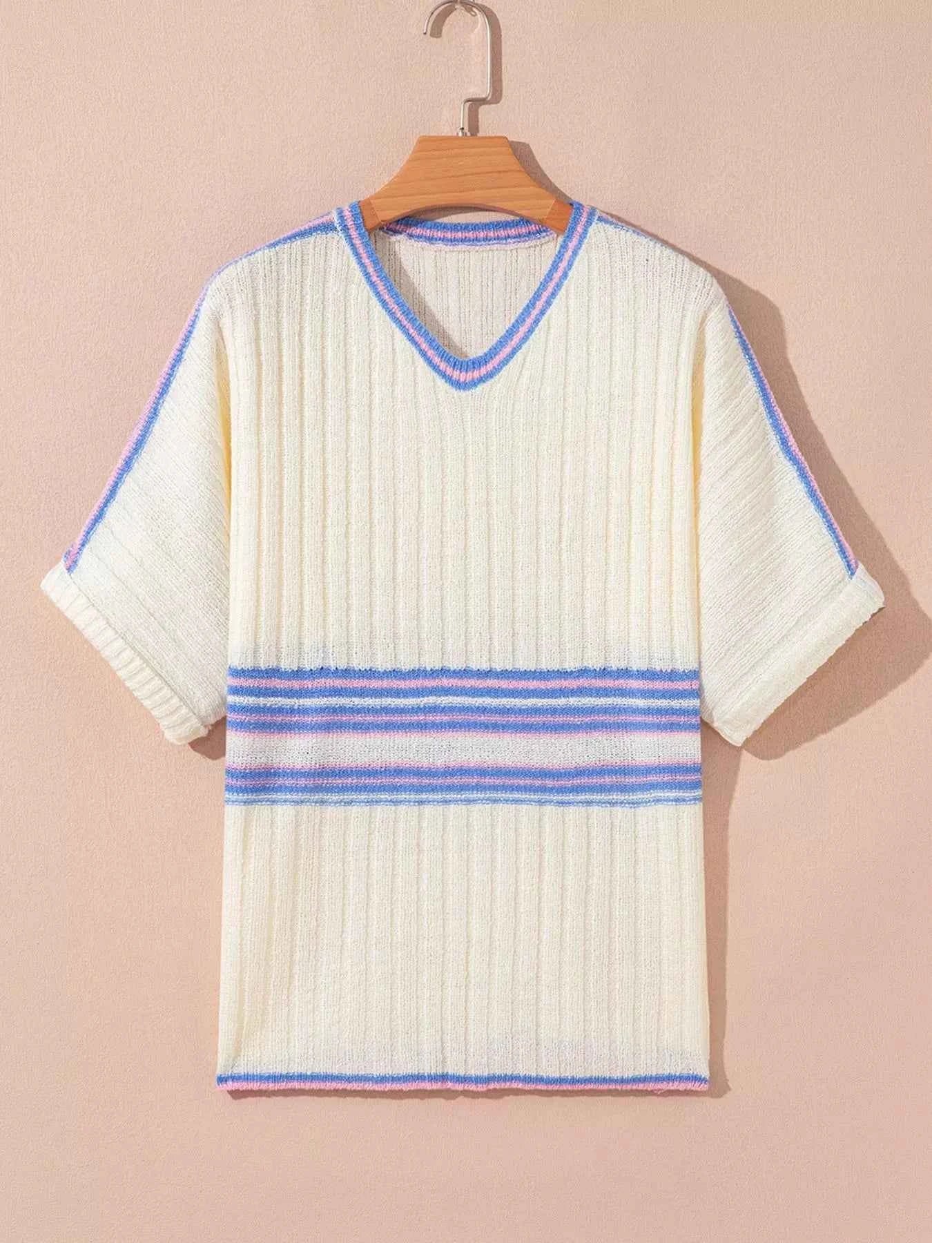 Striped V Neck Dolman Sleeve Rib Knit Oversized Sweater with Slits 79eebd0c-7dfb-4383-b486-5a46d30cba8c-Max-Origin