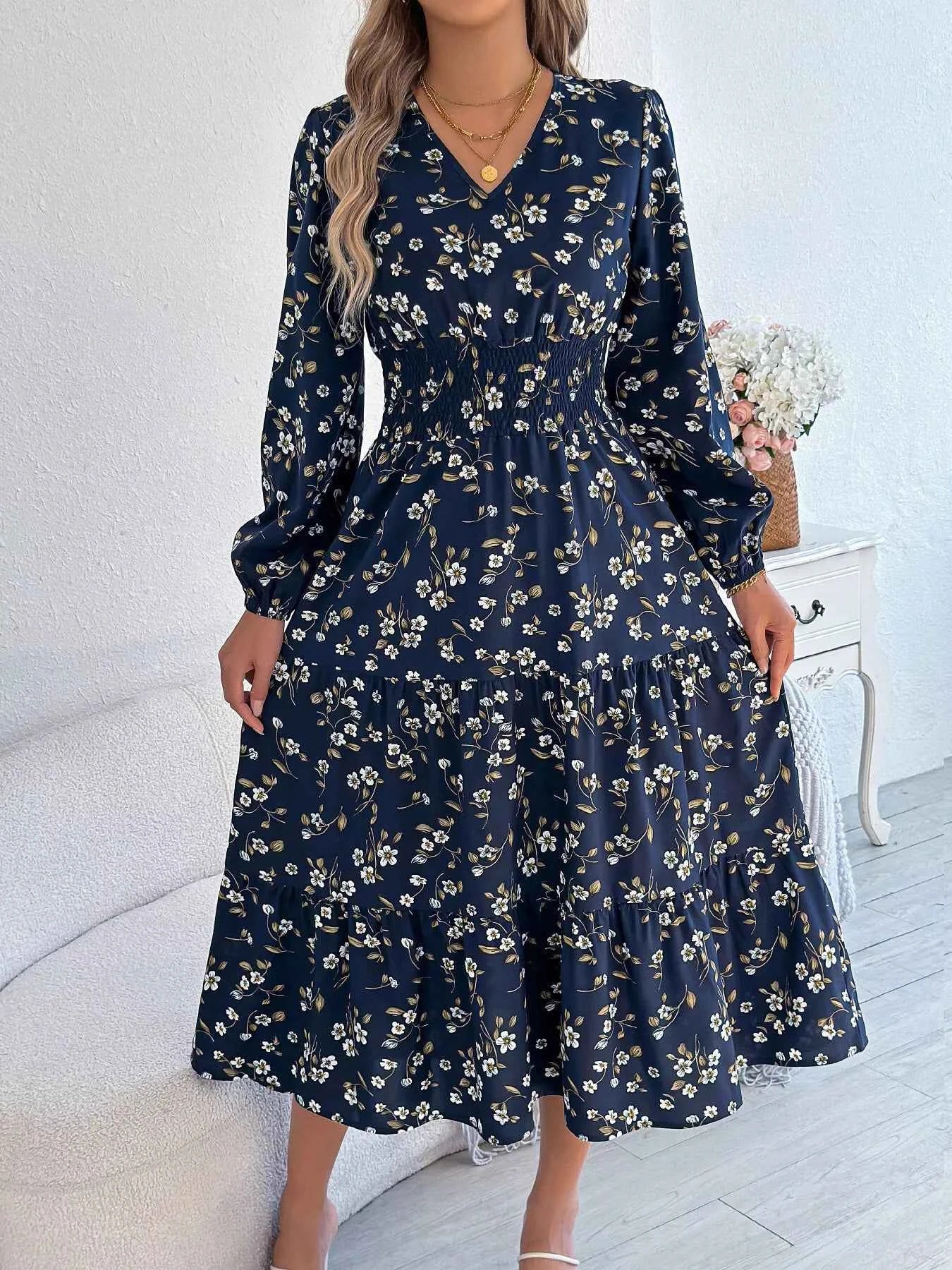 Floral Print Long Sleeve V-Neck Midi Dress Navy Blue 7a1f84b01b1c47cbaa482d11ab25dc79-Max-Origin