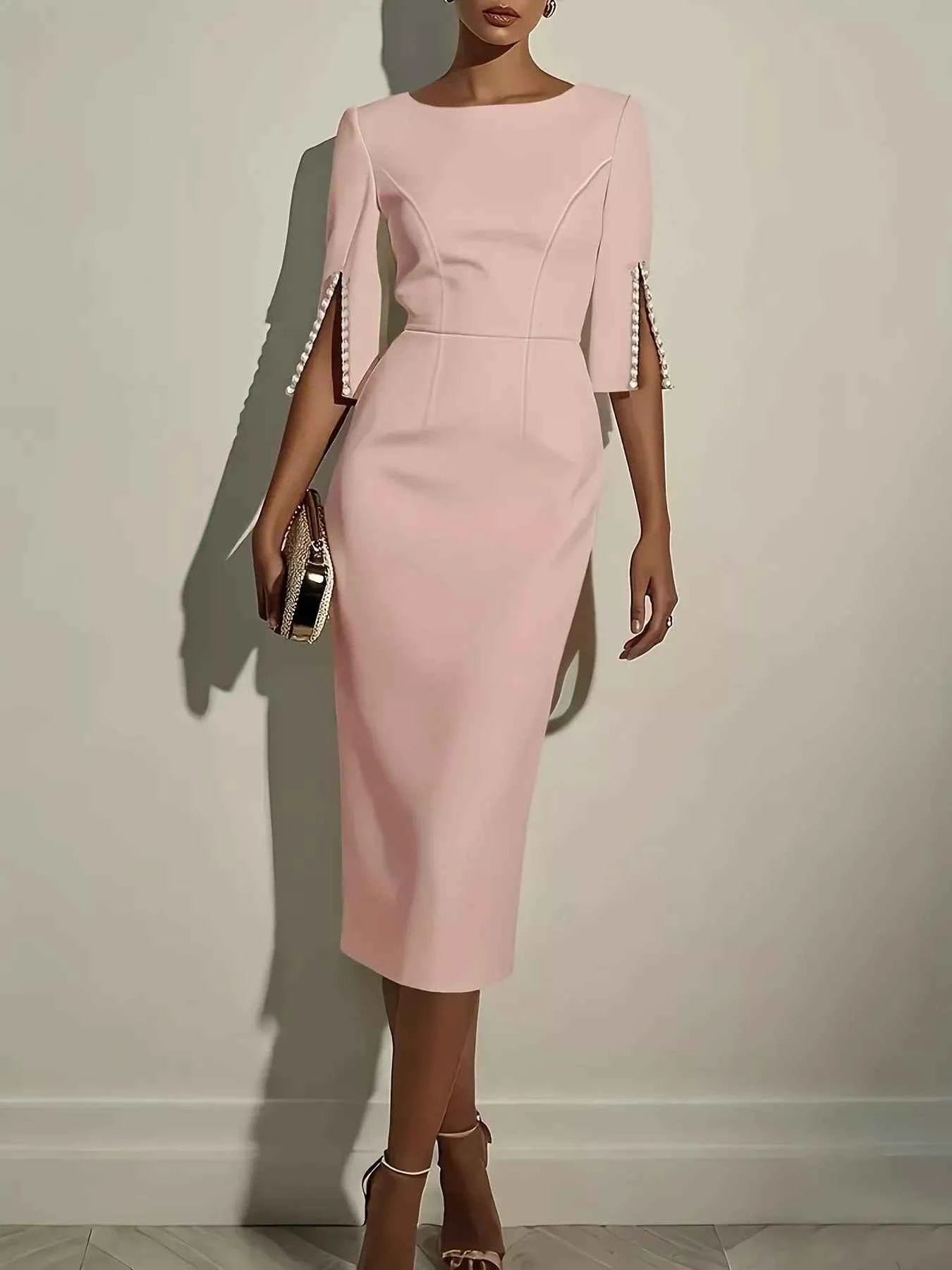 Slim-Fit Elegant Midi Dress with Beaded Slit Sleeve Pink 7a4cd02002104d149c32b135d569015c-Max-Origin