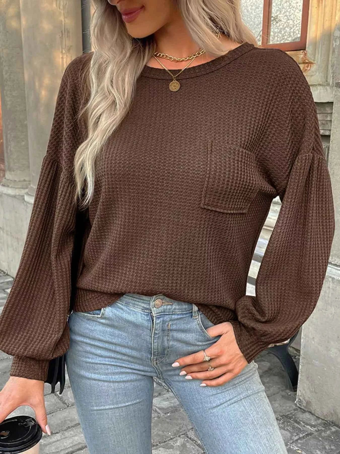 Waffle Knit Round Neck Top Dark Brown 7b363111-07e4-4755-888b-1256a9c88047-Max-Origin
